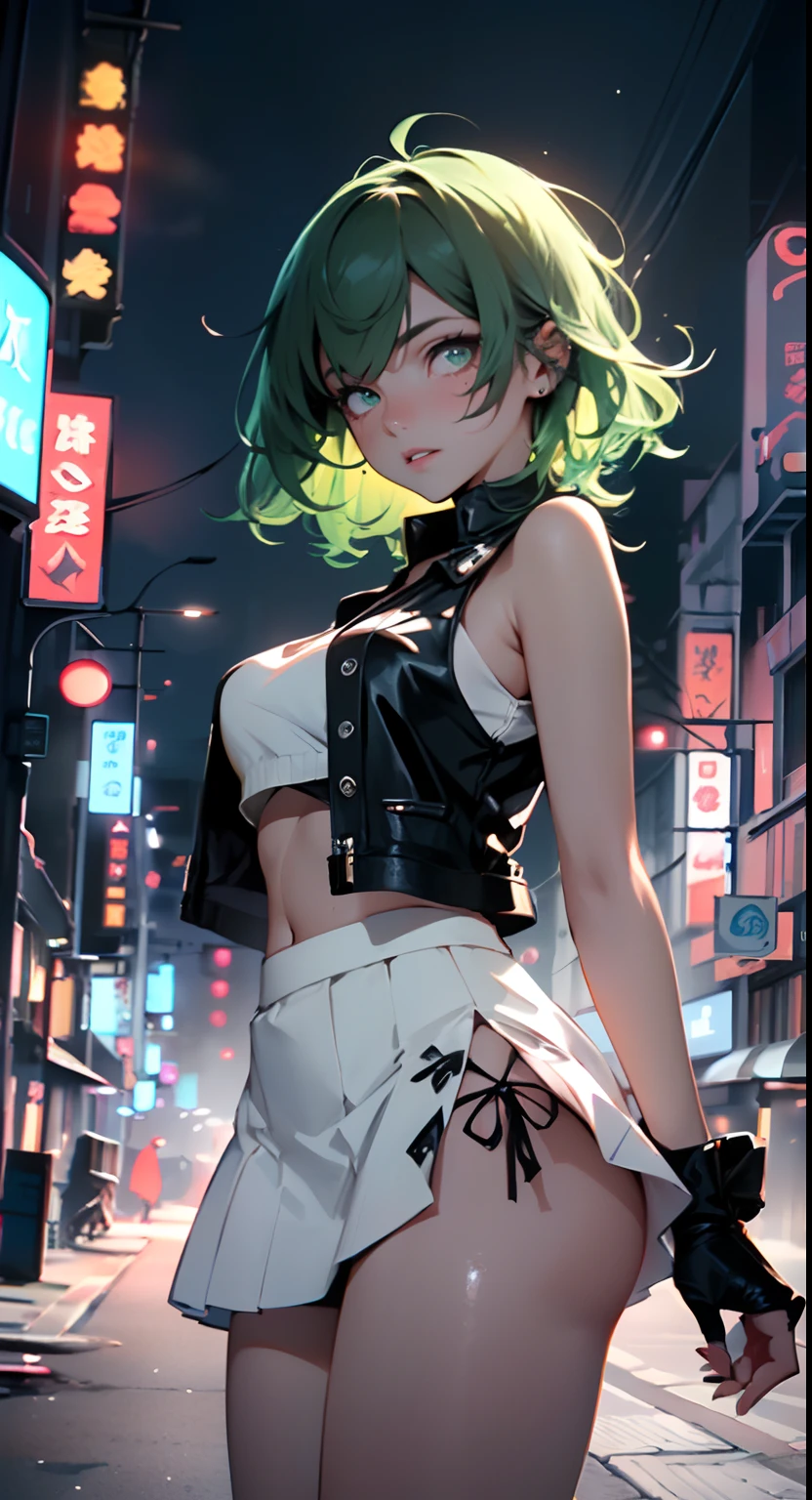 Girl Youku anchor,(((1girll))),((Extremely cute and beautiful green curly hair anime girl walking down the street)),
(short breasts:1.4),(((Green curls:1.35,Very curly hair,Colored inner hair,Ear breathing,Short hair))),((Green eyes:1.3,Upturned eyes:1.3,Perfect eyes,Beautiful detailed eyes,Rainbow glowing super delicate yellow-green eyes:1.1,Gradient eyes:1,fine detailed beautiful eyes:1,Symmetrical eyes:1,big highlight on eyes:1.2)),((Fat)),(((Glossy glossy skin:1.5,Bright Skin: 1.5,dark tanned skin,Shiny skin,very shiny skin,shining body,plastic glitter skin,exaggerated shiny skin))),delicate detailed fingers,Detailed body,detailed arms,human hand,(Detailed face)),
Cute,slutty,Seductive,Erotic,(((NSFW))),
zettai ryouiki,Exposed openwork clothing,show skin,((rave mini-skirt,visible thong straps,White loose vest,Decorated with anime girl print)),(detailed outfits,Detailed clothes),
(Dynamic pose:1.0),solofocus,Embarrassed,Centered,scale to fit the dimensions,Rule of thirds,
Outdoors,((Night view)),(Very beautiful city neon synthetics,Cyberpunk night street background:1.5,Dark sky,Thick clouds),Future vehicles,((Neon lights)),Thick clouds,(Cyberpunk Style,Neon lights, (Synthetic wave theme background), Lonely streets),(((Detailed background:1.25))),
(Best quality),(high resolution),(Sharp focus),(Ultra detailed),(Extremely detailed),(extremely high quality artwork),8K_the wallpaper,(extremely detailed CG 8k),(very fine 8K CG),((hyper super ultra detailed perfect piece)),Flawless,(((Masterpiece))),illustration,Vibrant colors,(Intricate),High contrast,Selective lighting,Doubleexposure,hdr (HighDynamicRange),Post-processing,Background blur,