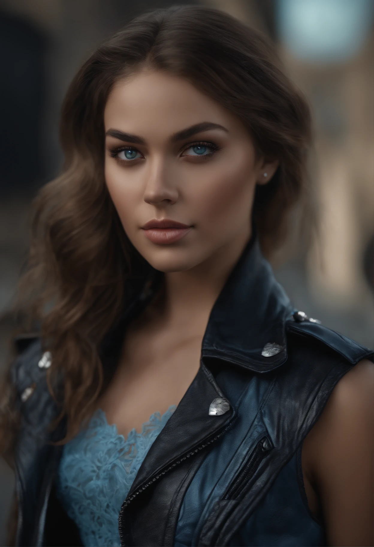 (black riders jacket:1.1), (masterpiece, best quality, pretty girl, beautiful face, 8k, raw photo, photorealistic, absurdres:1.2), teens, cowboy shot, dutch angle, facelight, film grain, chromatic aberration, highres, ultra detailed, finely detail, light blue frilled lace dress, detailed skin and eyes and face, sharp pupils, realistic pupils, sharp focus, street