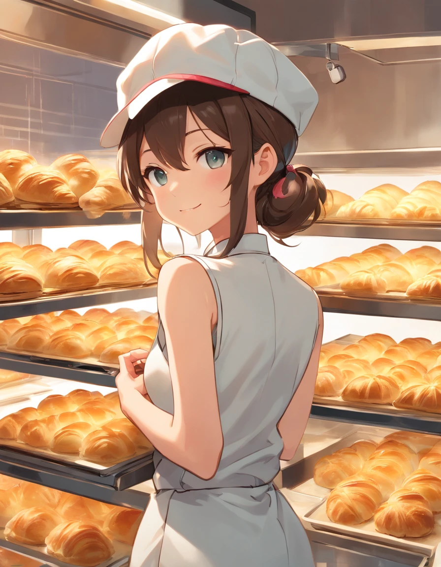 ((Nekomimi)),((Baseball hat)),((Sleeveless Baseball Uniforms)),A talented baker who meticulously forms the best dough for flaky pastries. The image is、Shows a well-equipped bakery with stainless steel countertops and a set of baking tools. Baker, Young man with radiant smile々Shishi Woman, Roll out the dough with a wooden rolling pin, Show off her expertise. The aroma of baked goods fills the air. In the background、Trays of golden croissants and delicately woven Danish pastries are chilled on racks. This photo is、Encapsulates the precision and skills required for the art of pastry making. photographed:Claire Ptak, A renowned pastry chef specializing in natural and seasonal ingredients