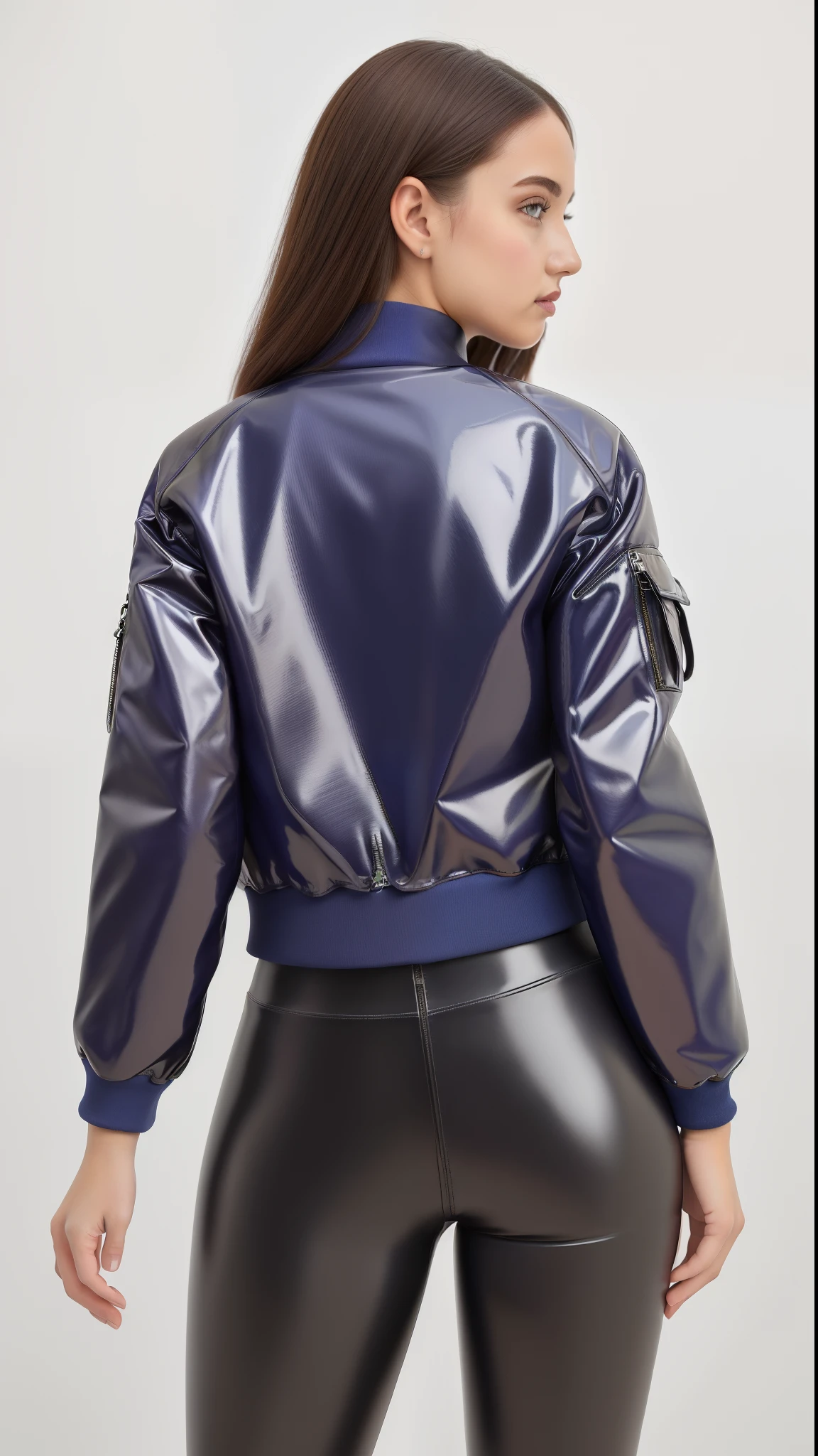 uma mulher vestindo uma jaqueta azul brilhante e leggings pretas, Jaqueta azul, Metal refletivo, cyber future jacket, jaqueta azul harmonia, Metal refletivo, suit jacket, brilhante brilhante reflexivo, metalic, jaqueta esportiva, record jacket, Galactic metallic, Jaqueta bomber, jaqueta curta, metallic neoprene woman, metallic luster, skin reflective metallic, vestindo jaqueta azul, muito reflexivo, future inflatable jacket, fotografia realista, fotografia, obra-prima, realista, Realismo, renderizado, Alto contraste, Arte Digital, fotográficorealista, trend in Artstation 8k HD, high definiton, circunstanciado, Realistic, detalhada, textura da pele, hiperdetalhada, Textura realista da pele, melhor qualidade, ultra high-resolution, (fotografia realista: 1.4), alta resolução, detalhada, fotografia crua, sharp resolution, Nikon D850 filmes, fotografia de stock 4, Kodak Portra 400 Camera F1 Lens.6, textura hiper realista, lighting dramatic, Unrealistic trend in Artstation Cinestill 800, ..RAW.