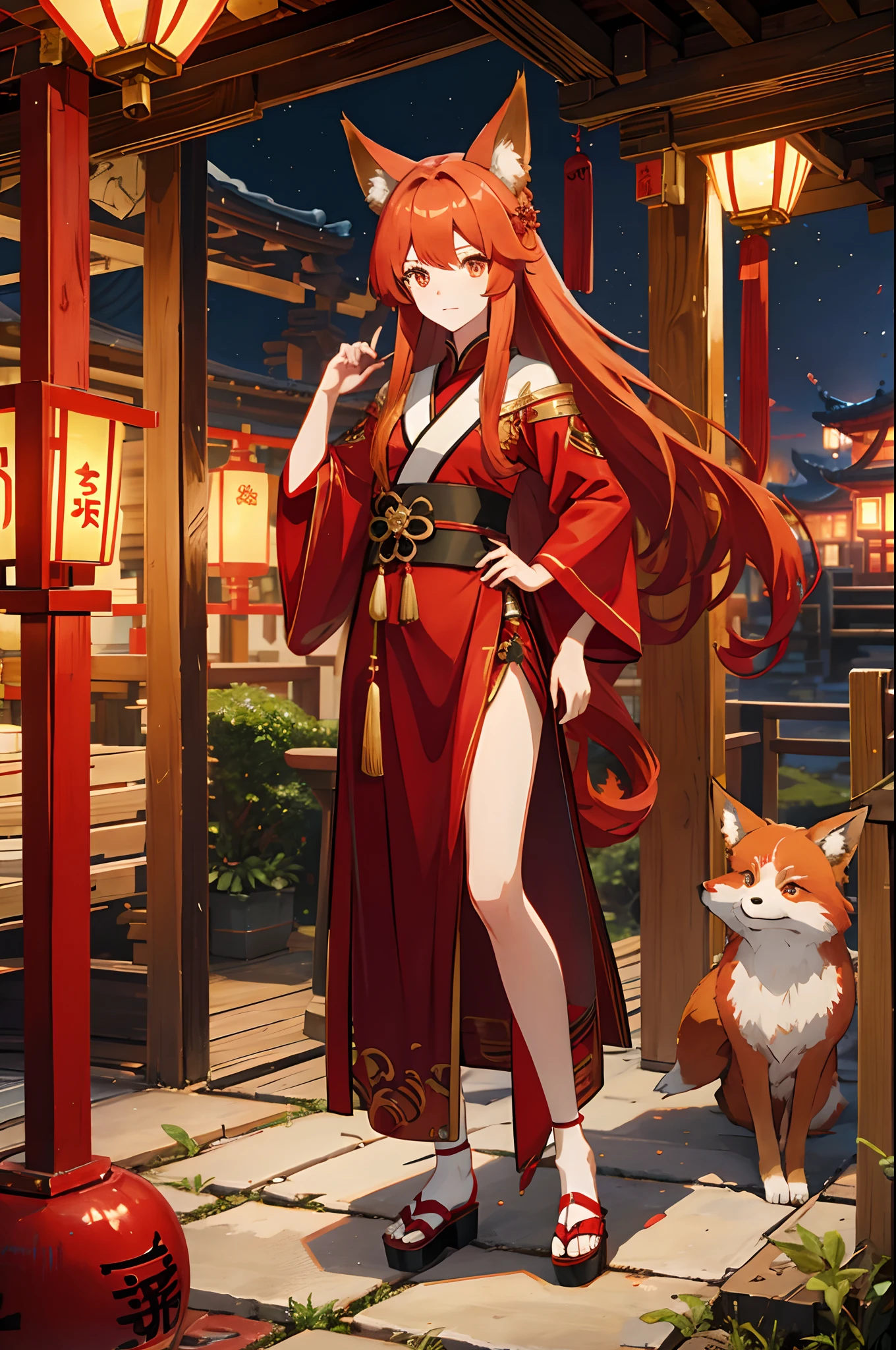 Red long-haired,Golden eyes,Fox ears,nine tail fox,teens girl,Hanfu,lanterns