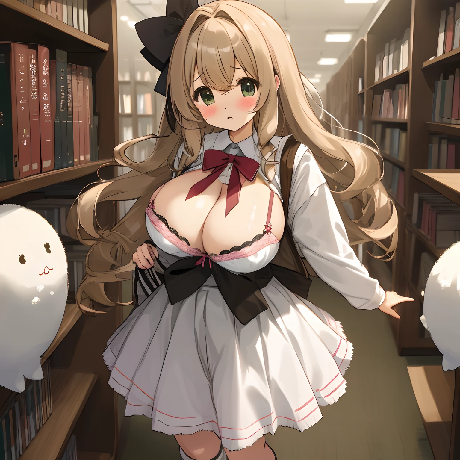 Big Tits Girl Library Panchira、bra very、Fluffy skirt、Raw feet、
