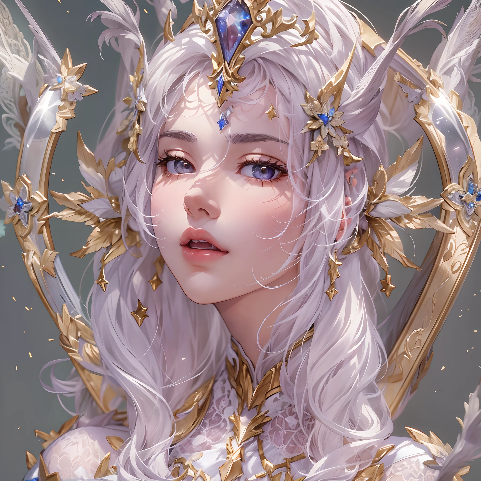 ((Masterpiece, Highest quality)), Detailed face, CharacterDesignSheet， full bodyesbian, Full of details, Multiple poses and expressions, Highly detailed, Depth, Many parts，white backgrounid，Beautiful paladin girl，singers，estilo fantasia，Holding a shield，mirrors，Extremely beautiful，Irridescent color，High Balance, Natural light, Lace，lacepantyhose，starrysky，Star decoration