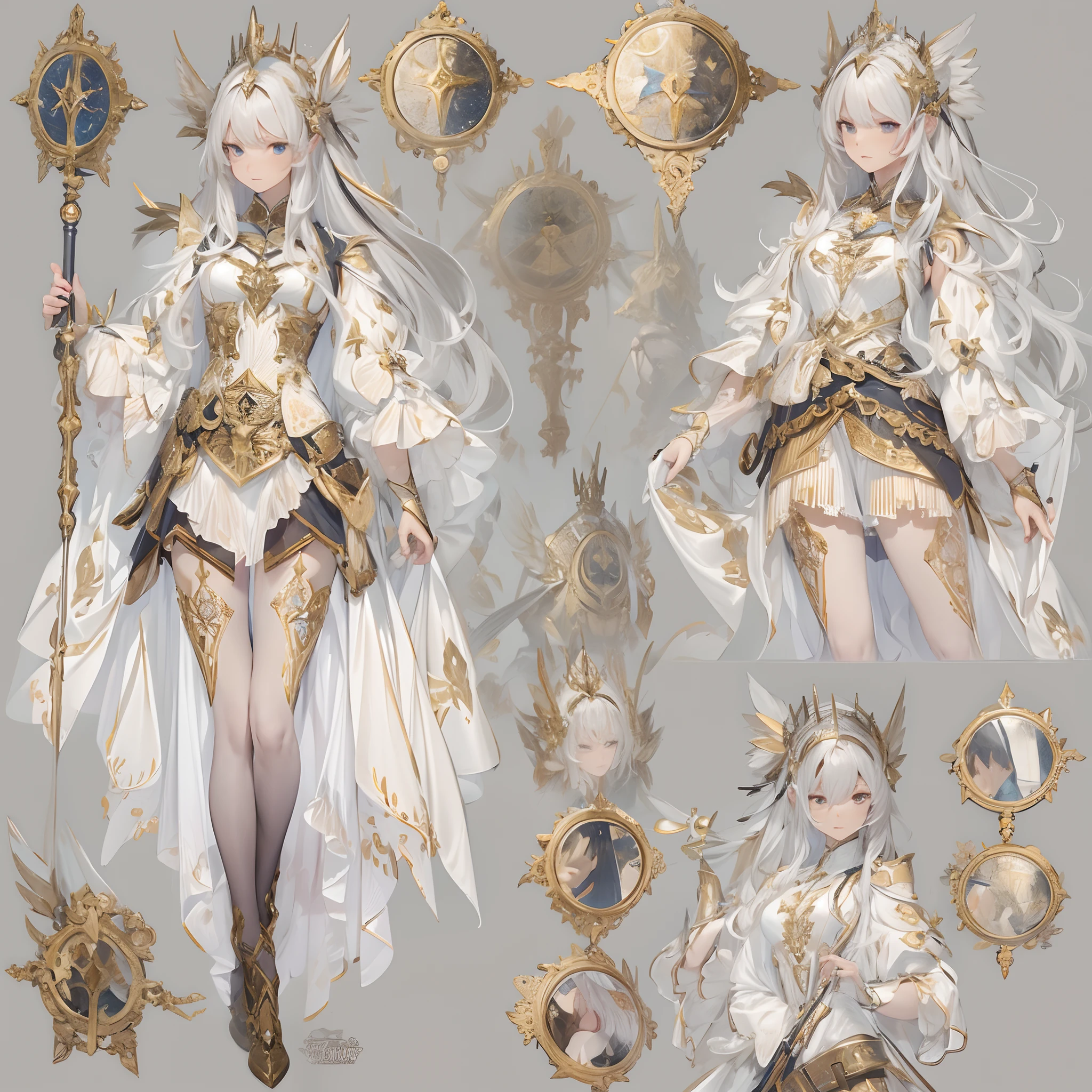 ((Masterpiece, Highest quality)), Detailed face, CharacterDesignSheet, full bodyesbian, Full of details, Multiple poses and expressions, Highly detailed, Depth, Many parts,white backgrounid,Beautiful paladin girl,singers,estilo fantasia,Holding a shield,mirrors,Extremely beautiful,Irridescent color,High Balance, Natural light, Lace,lacepantyhose,starrysky,Star decoration