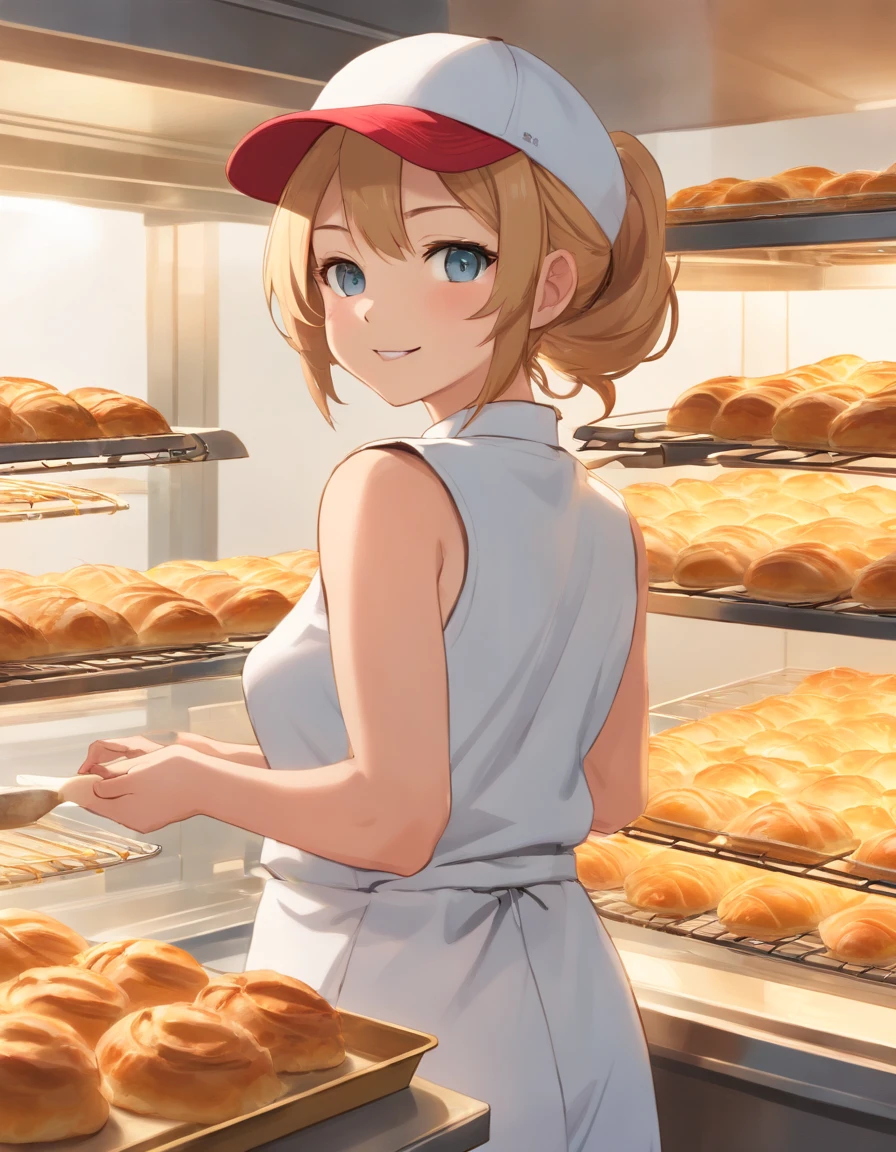 ((Nekomimi)),((Baseball hat)),((Sleeveless Baseball Uniforms)),A talented baker who meticulously forms the best dough for flaky pastries. The image is、Shows a well-equipped bakery with stainless steel countertops and a set of baking tools. Baker, Young man with radiant smile々Shishi Woman, Roll out the dough with a wooden rolling pin, Show off her expertise. The aroma of baked goods fills the air. In the background、Trays of golden croissants and delicately woven Danish pastries are chilled on racks. This photo is、Encapsulates the precision and skills required for the art of pastry making. photographed:Claire Ptak, A renowned pastry chef specializing in natural and seasonal ingredients