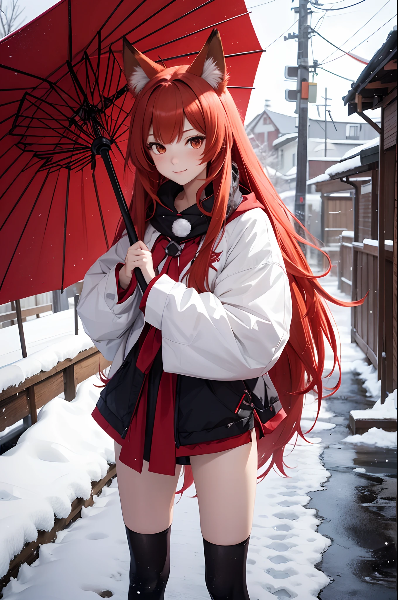 Red long-haired,Fox ears,Foxtail,fox demon,s girl,show legs,komono,snowy days,holding red umbrella