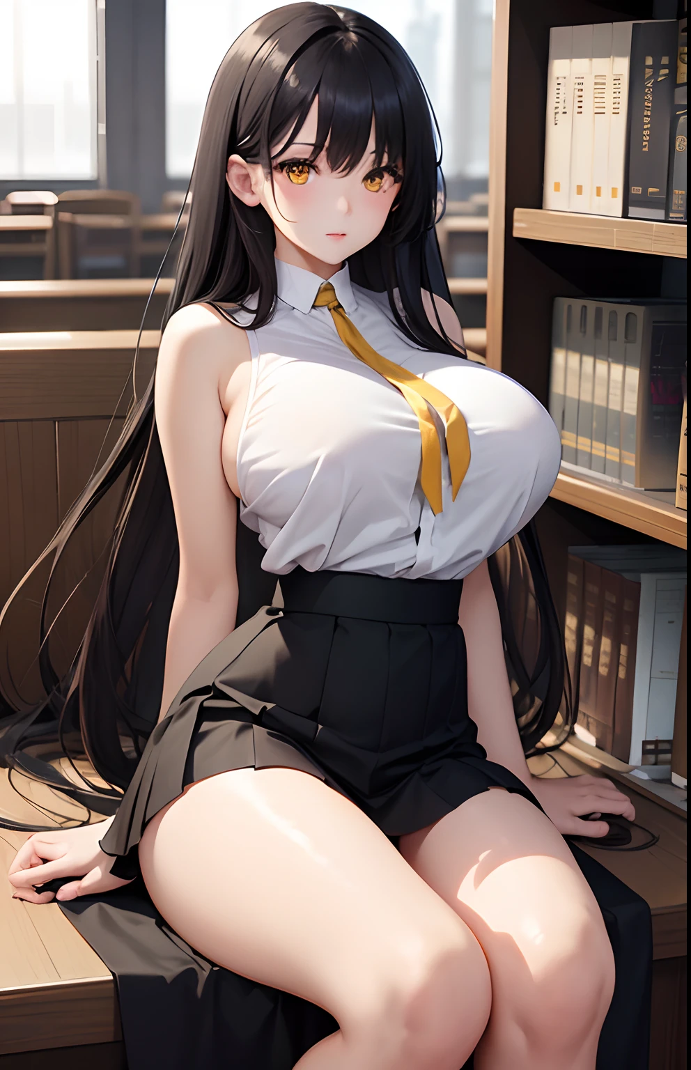masterpiece, top-quality, 1girl in, A dark-haired, yellow eyes, length hair, Fluffy skirt、Raw feet、atlibrary、big breast beauty