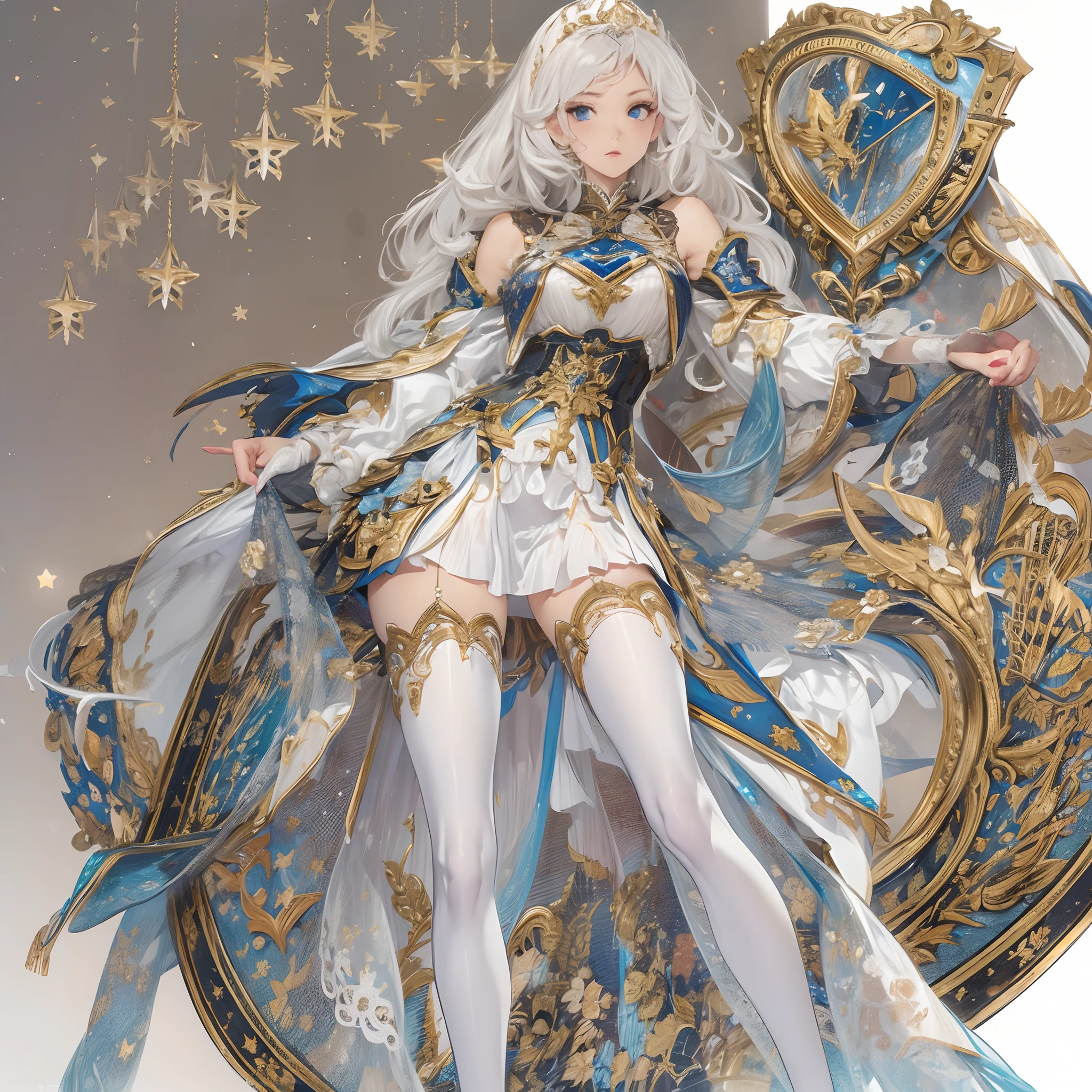 ((Masterpiece, Highest quality)), Detailed face, CharacterDesignSheet, full bodyesbian, Full of details, Multiple poses and expressions, Highly detailed, Depth, Many parts,white backgrounid,National style,Beautiful paladin girl,estilo fantasia,Holding a shield,mirrors,Extremely beautiful,Irridescent color,High Balance, Natural light, Lace,lacepantyhose,starrysky,Star decoration