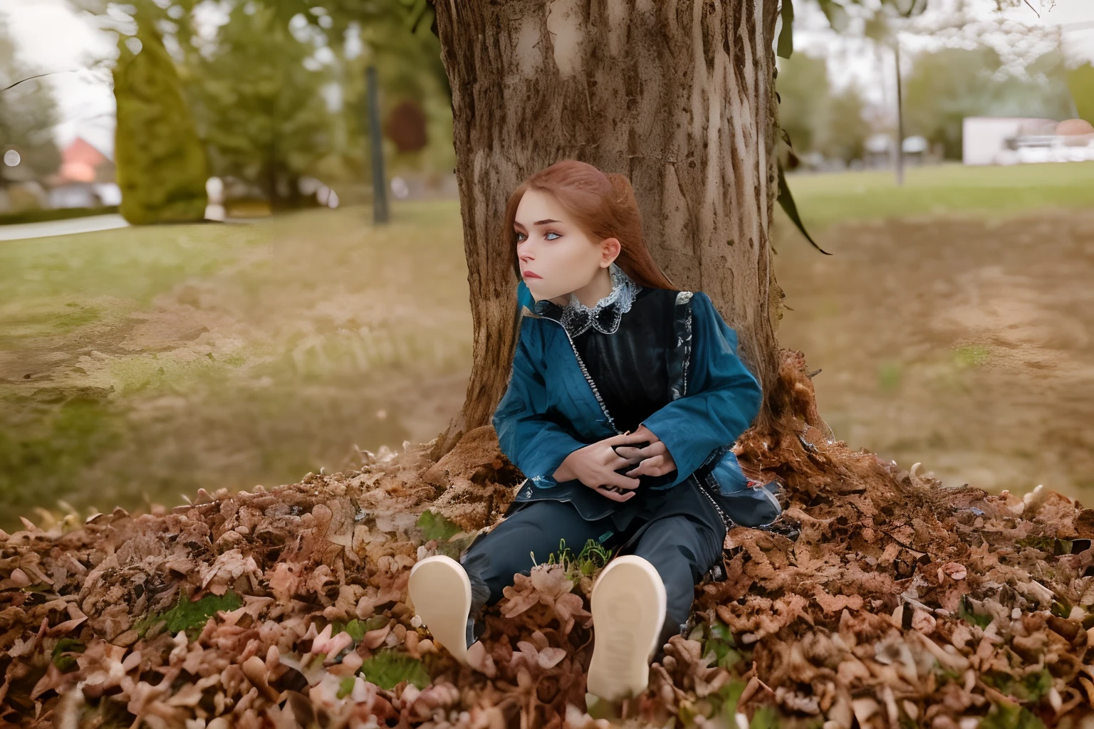 (black riders jacket:1.1), (masterpiece, best quality, pretty girl, beautiful face, 8k, raw photo, photorealistic, absurdres:1.2), teens, cowboy shot, dutch angle, facelight, film grain, chromatic aberration, highres, ultra detailed, finely detail, light blue frilled lace dress, detailed skin and eyes and face, sharp pupils, realistic pupils, sharp focus, street