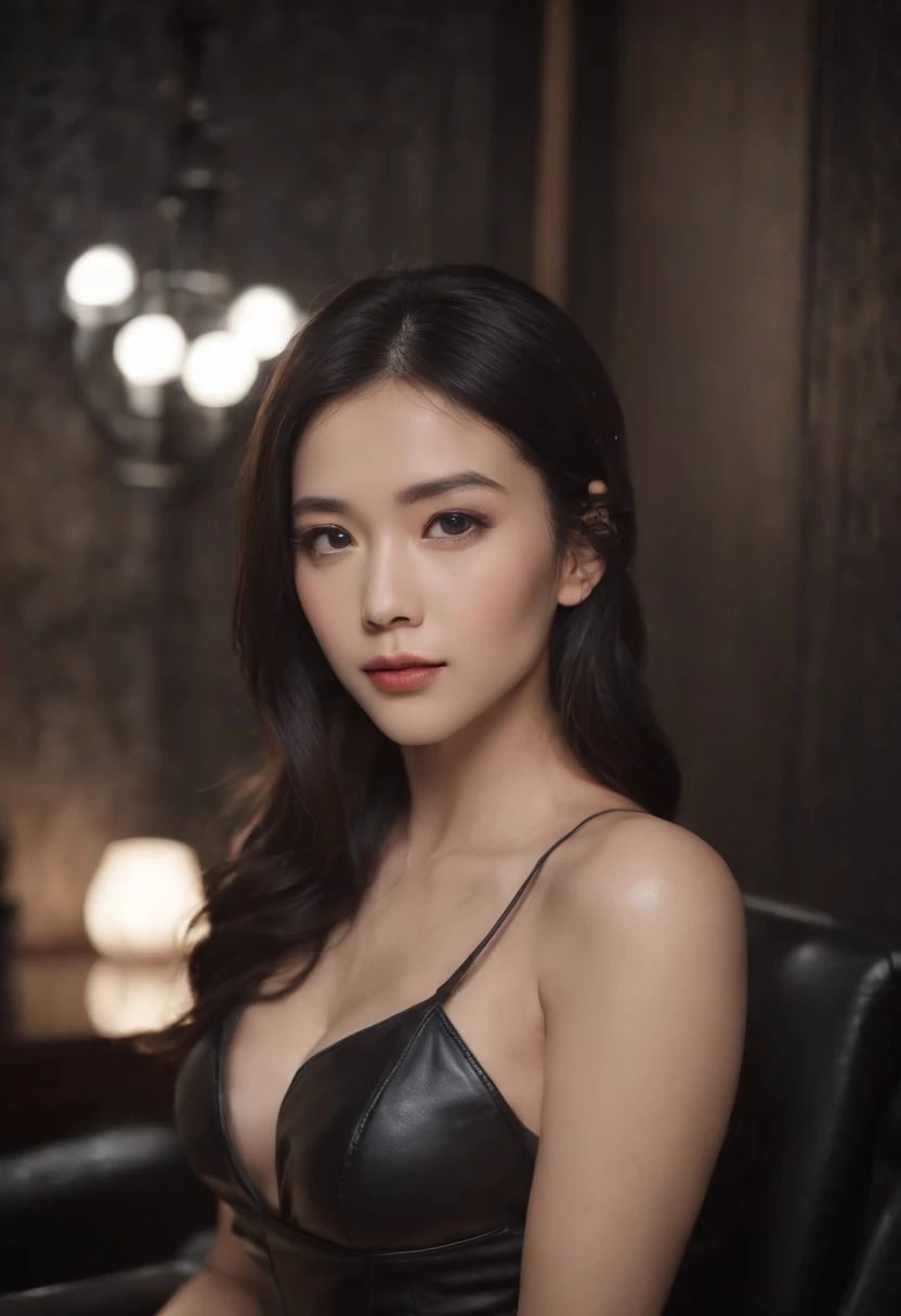 Upper body covered with black leather gloves up to the fingertips in both hands, black leather double riders jacket, slender necklace, young and cute Japanese girl with beautiful black hair, sitting on a black leather chair facing the desk in the president's room at night, sitting on a cheek stick