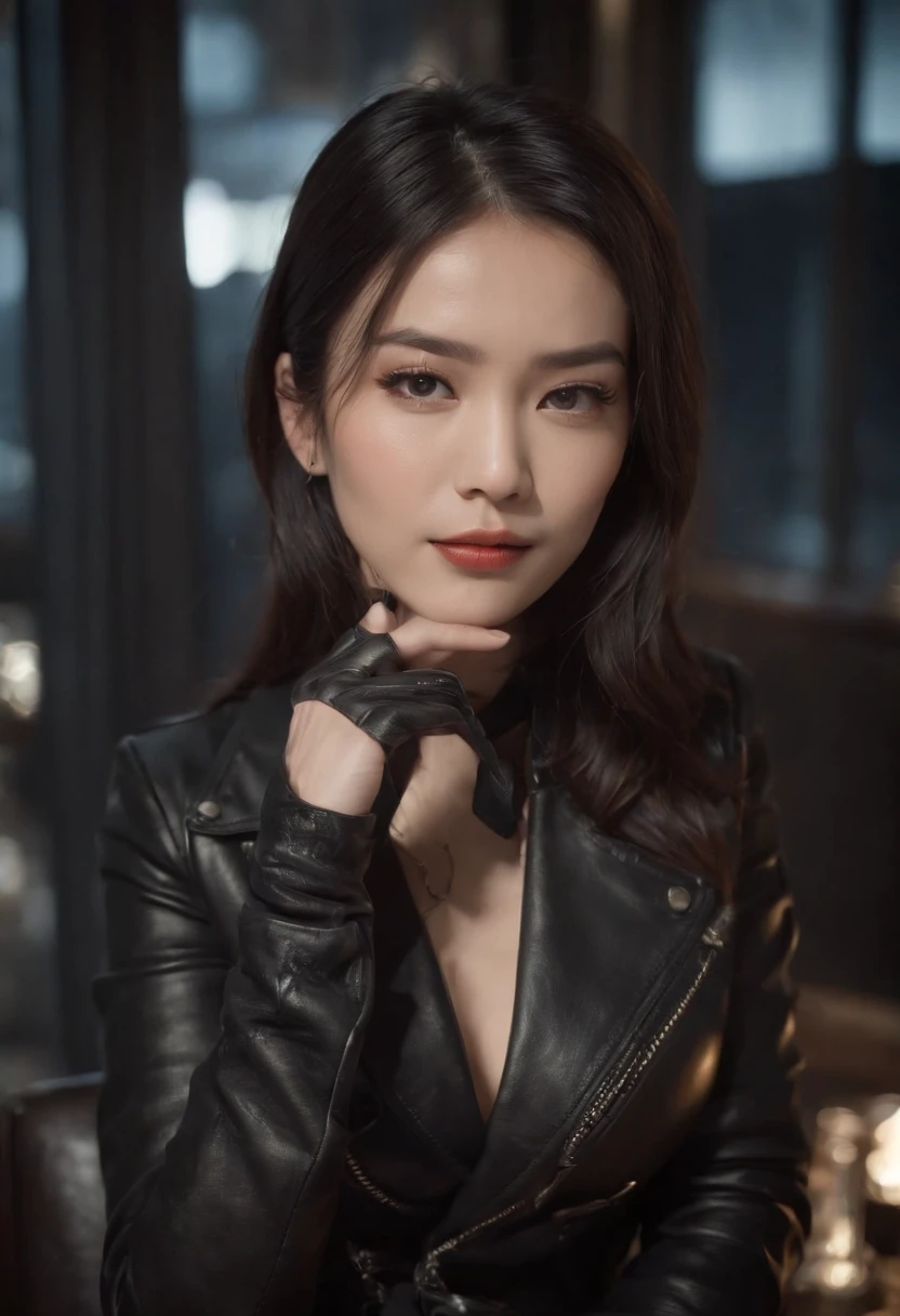 Upper body covered with black leather gloves up to the fingertips in both hands, black leather double riders jacket, slender necklace, young and cute Japanese girl with beautiful black hair, sitting on a black leather chair facing the desk in the president's room at night, sitting on a cheek stick