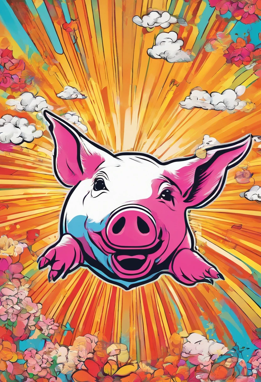 A pig flies in the sky,pigs ,​​clouds,blossoms,ham,Flying pigs,Colorful pig wings,Brilliant colors,Colorful,Wings,Young and energetic,Flying ham,Flying pigs ,Look up,Master composition
