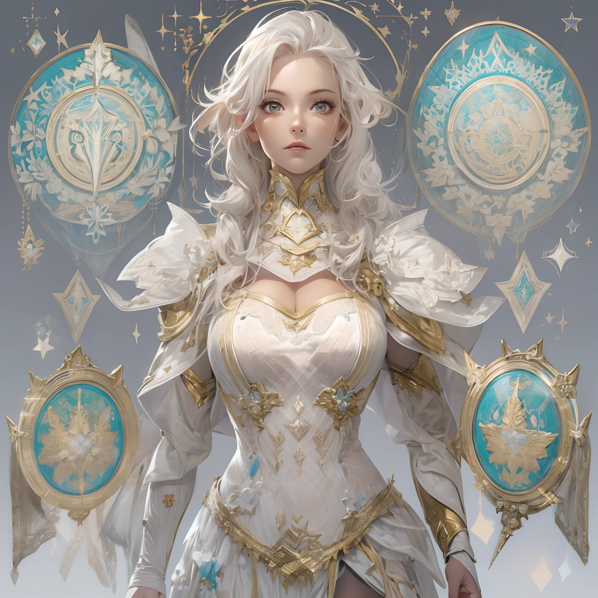 ((Masterpiece, Highest quality)), Detailed face, CharacterDesignSheet, full bodyesbian, Full of details, Multiple poses and expressions, Highly detailed, Depth, Many parts,white backgrounid,National style,Beautiful paladin girl,estilo fantasia,Holding a shield,mirrors,Extremely beautiful,Irridescent color,High Balance, Natural light, Lace,lacepantyhose,starrysky,Star decoration