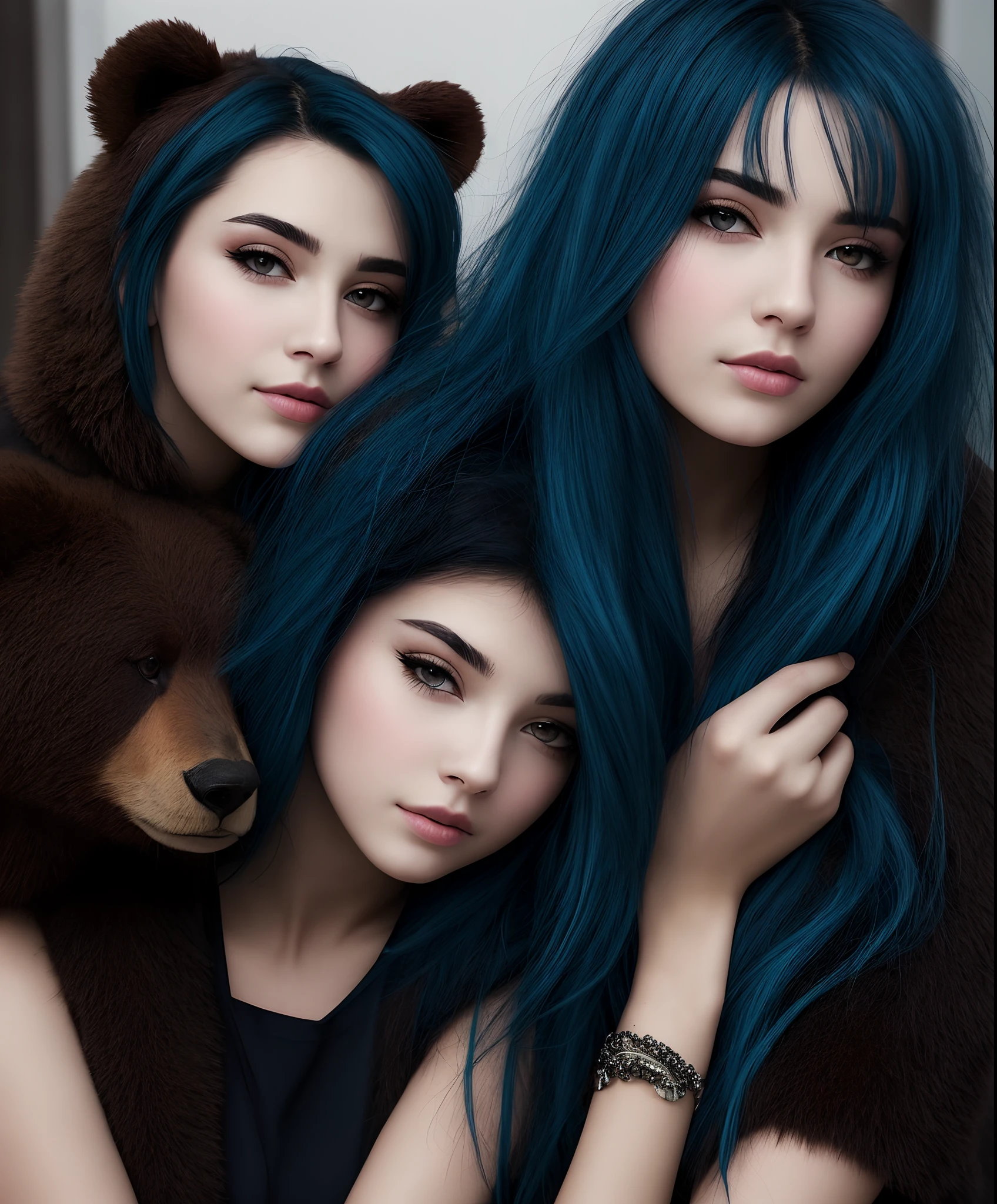 Beautiful girl with blue hair, brown eyes and a bear