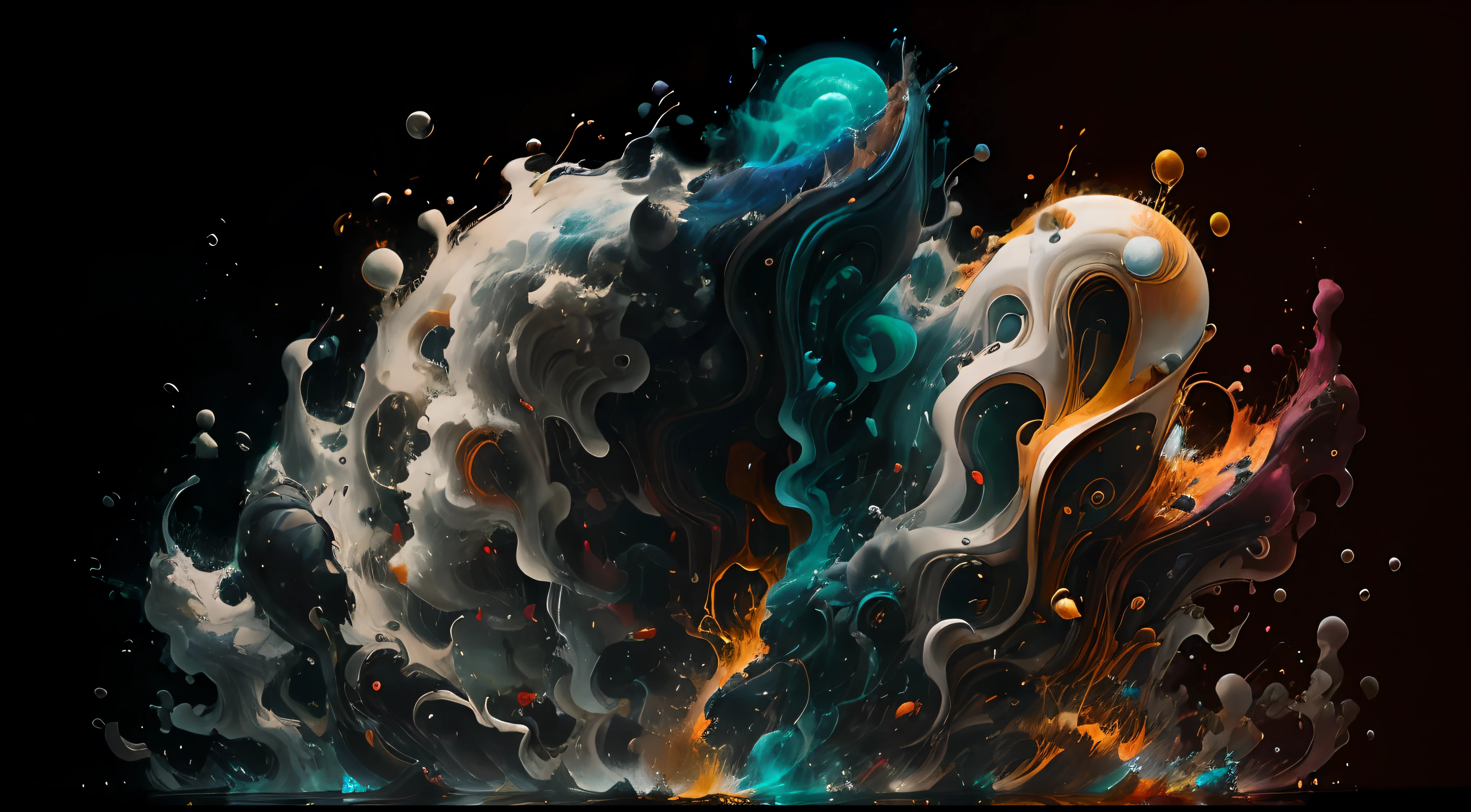 Obra de Arte abstracto en movimiento.Arte de Alberto Severo. Un primer plano de chorros y corrientes de metales preciosos fundidos que chocan entre si y forman , inmensas cantdades de gotas y chorros metalicos de oro, plata, cobre mercurio, que burbujean ,explotan ,remolinean y fluyen y ocupan todo el espacio, nubes de fluidos de colores metalicos dorados, plateados, cobrizos brillantes y tornasolados,burbujas tornasoladas, ,remolinos de gotas tornasoladas que giran y escapan.Crea una fascinante obra de arte abstracta con un enfoque en la fluidez y el movimiento. Utilice una paleta de colores rica y diversa, Blend tones seamlessly to evoke a sense of continuous movement, Background of psychedelic fuids in motion. Arte de los fluidos en movimiento