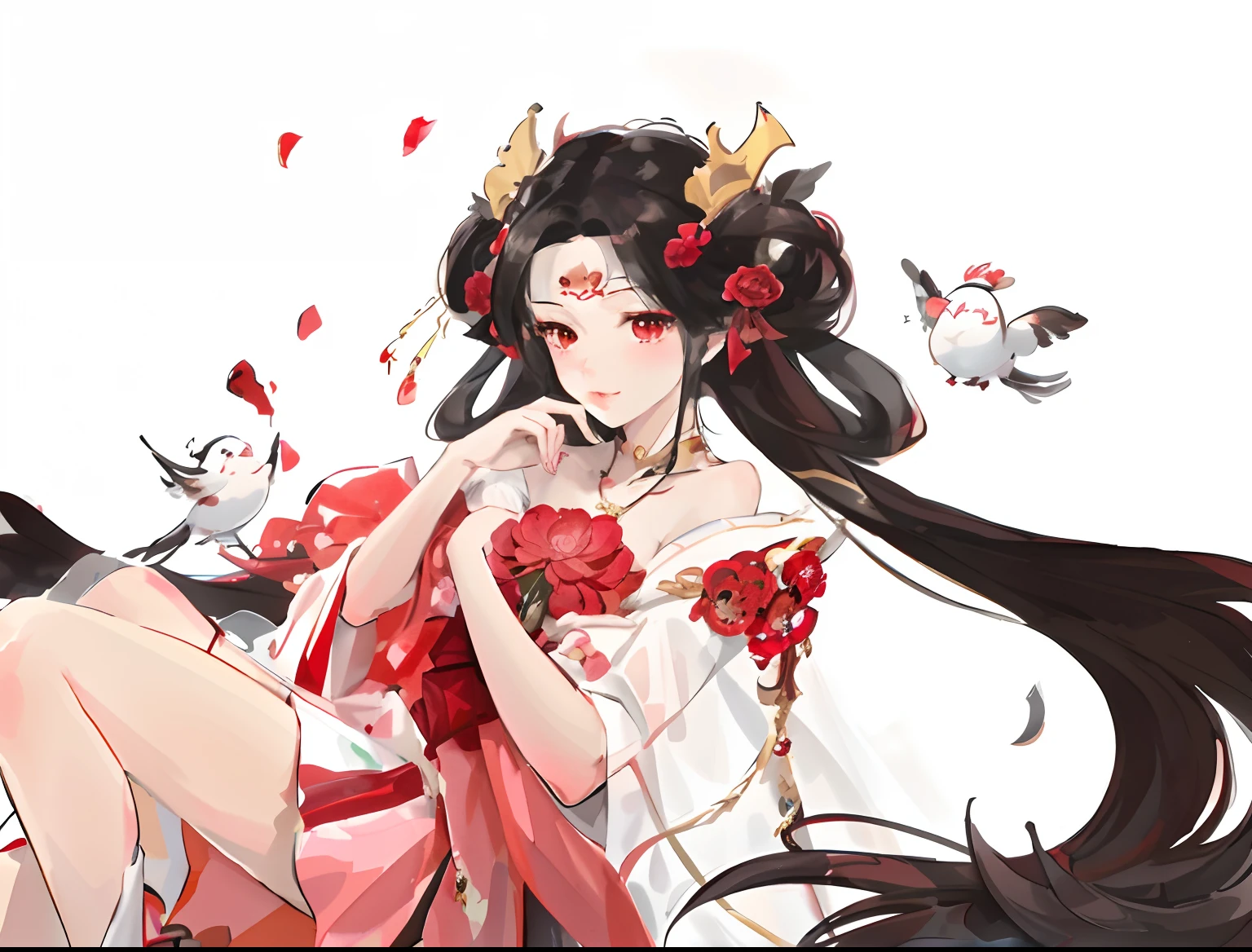 anime girl with long black hair and a red rose in her hair, Onmyoji detailed art, onmyoji, Guviz, Palace , A girl in Hanfu, trending on cgstation, Guviz-style artwork, a beautiful fantasy empress, ((a beautiful fantasy empress)), Anime goddess, Kawasi, by Yang J, guweiz masterpiece