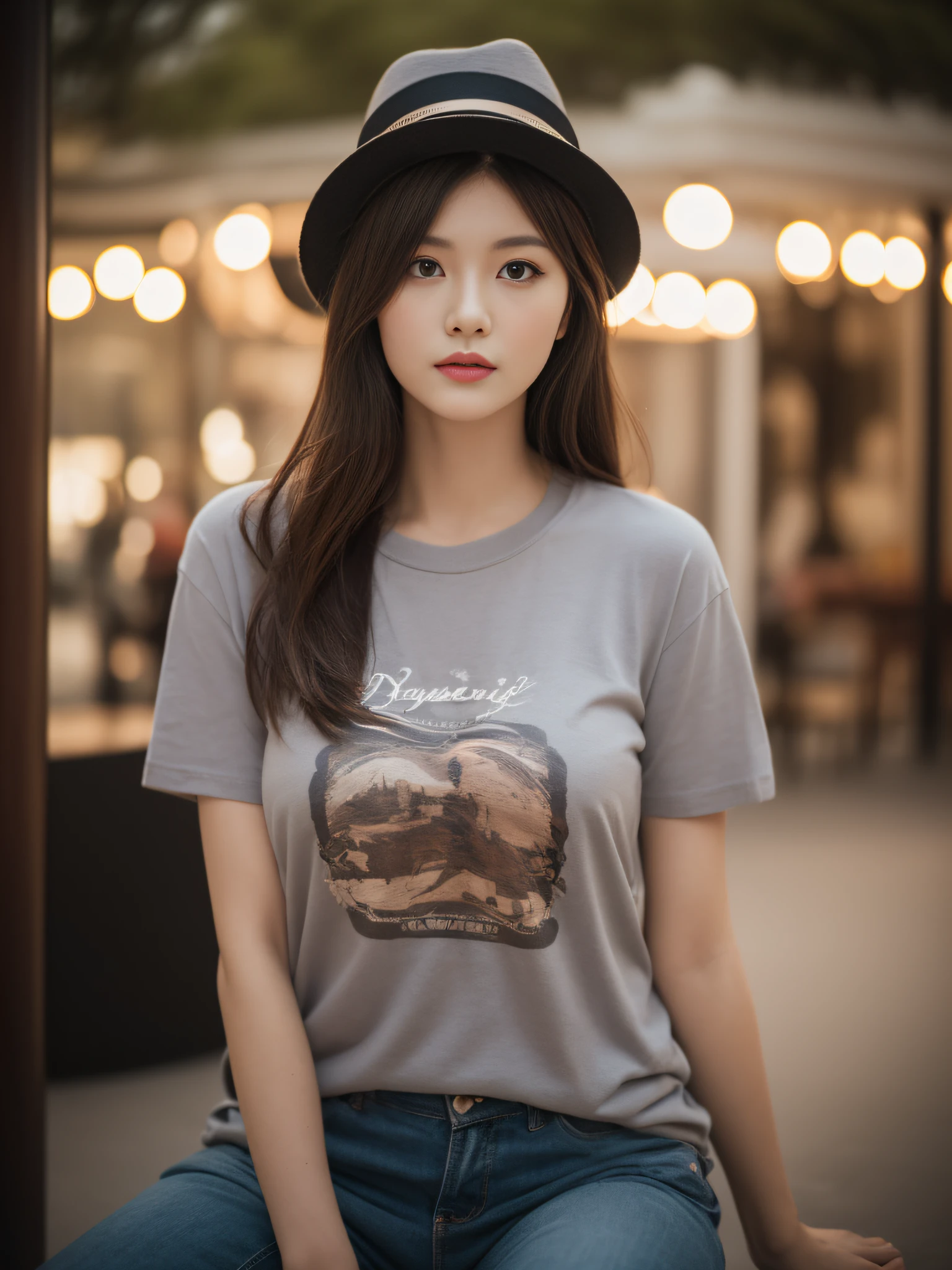 A woman sitting on a bench wearing a hat and a shirt - SeaArt AI