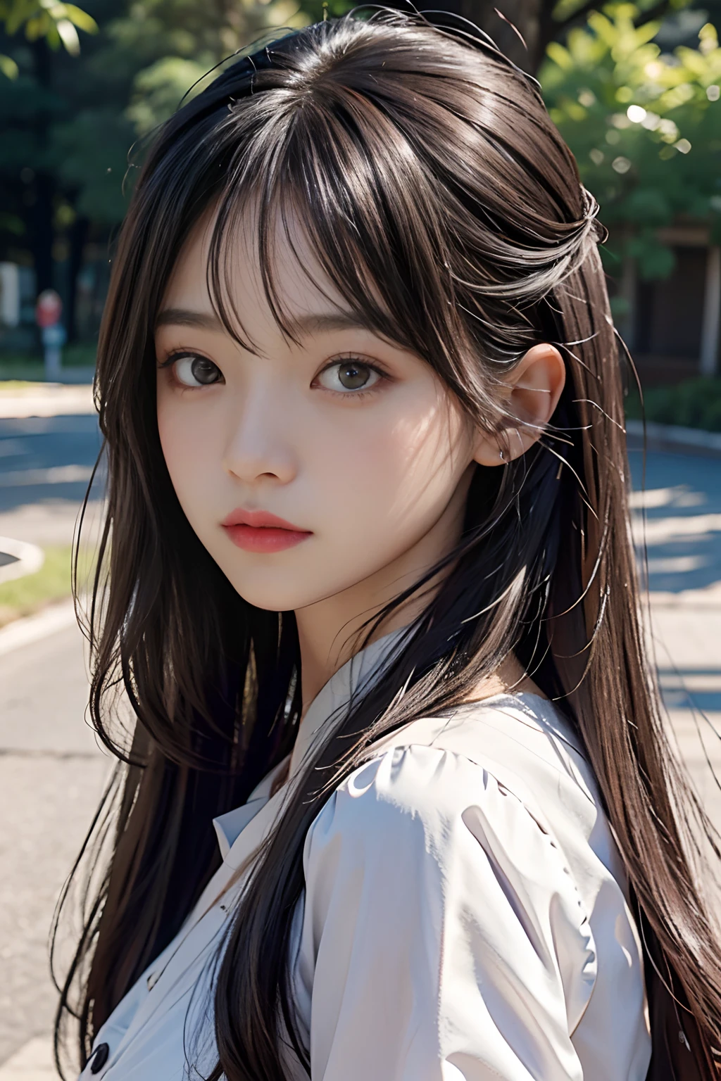 Glossy hair、A dark-haired、Twin-tailed、Fluffy clothes、firm skin、Lustrous eyes、Brown eyes、Looks embarrassing、Staring