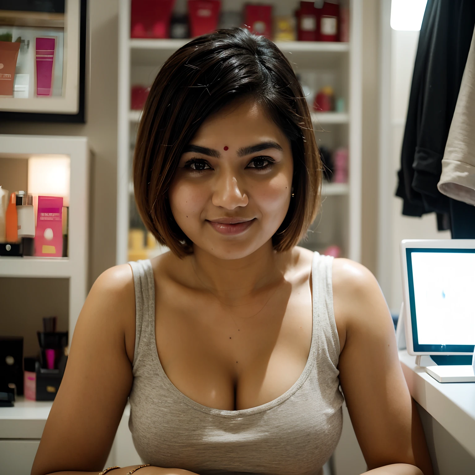 an overcast lighting (closeup:1.15) (medium shot portrait:0.6) mobile photography , shot on a mobile, big breasts, photograph of a beautiful indian woman sitting in a cosmetic store, wearing a cropcut outfit, looking at me, coy slight smile