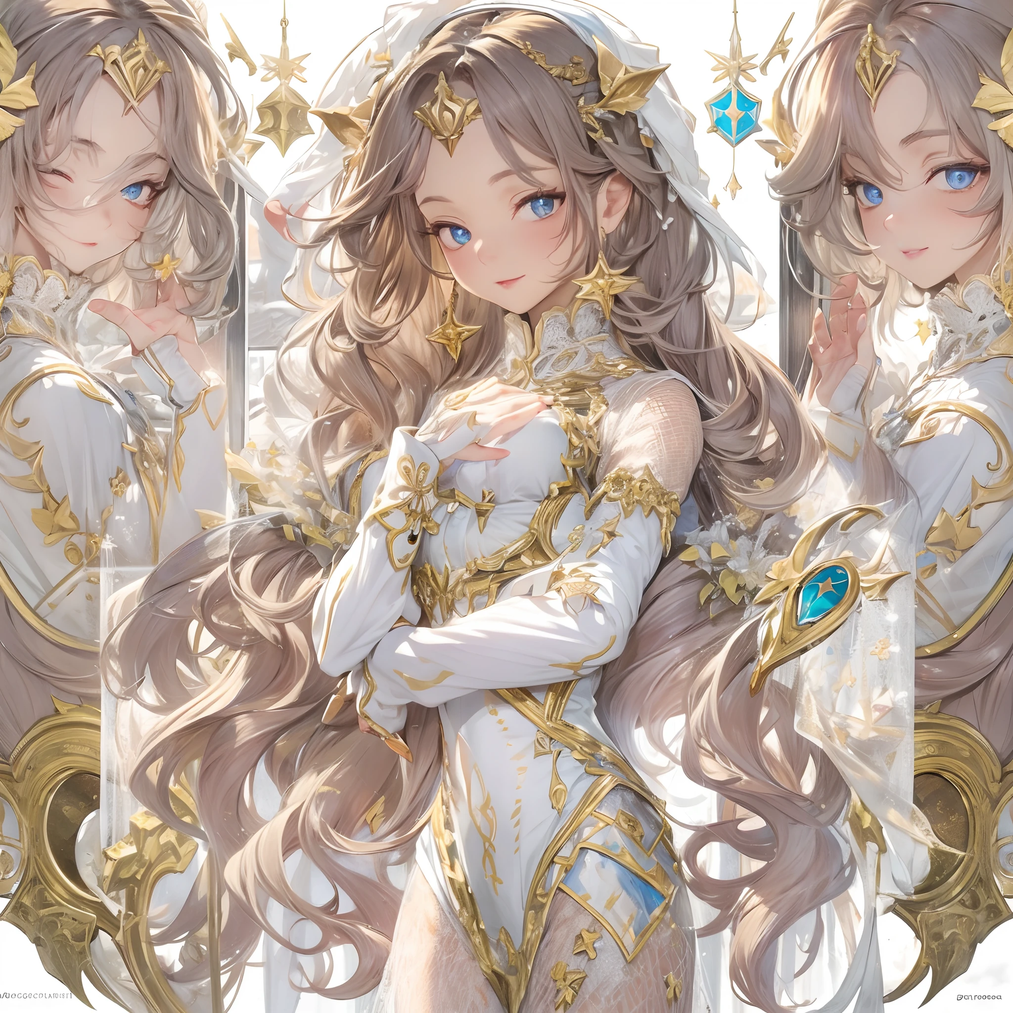 ((Masterpiece, Highest quality)), Detailed face, CharacterDesignSheet, full bodyesbian, Full of details, Multiple poses and expressions, Highly detailed, Depth, Many parts,white backgrounid,National style,Beautiful paladin girl,estilo fantasia,Holding a shield,mirrors,Extremely beautiful,Irridescent color,High Balance, Natural light, Lace,lacepantyhose,starrysky,Star decoration