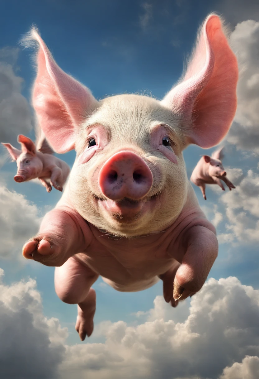 A pig flies in the sky,pigs ,​​clouds,Brilliant colors,Colorful,Wings,Young and energetic,Flying ham,Flying pigs ,Look up,Master composition