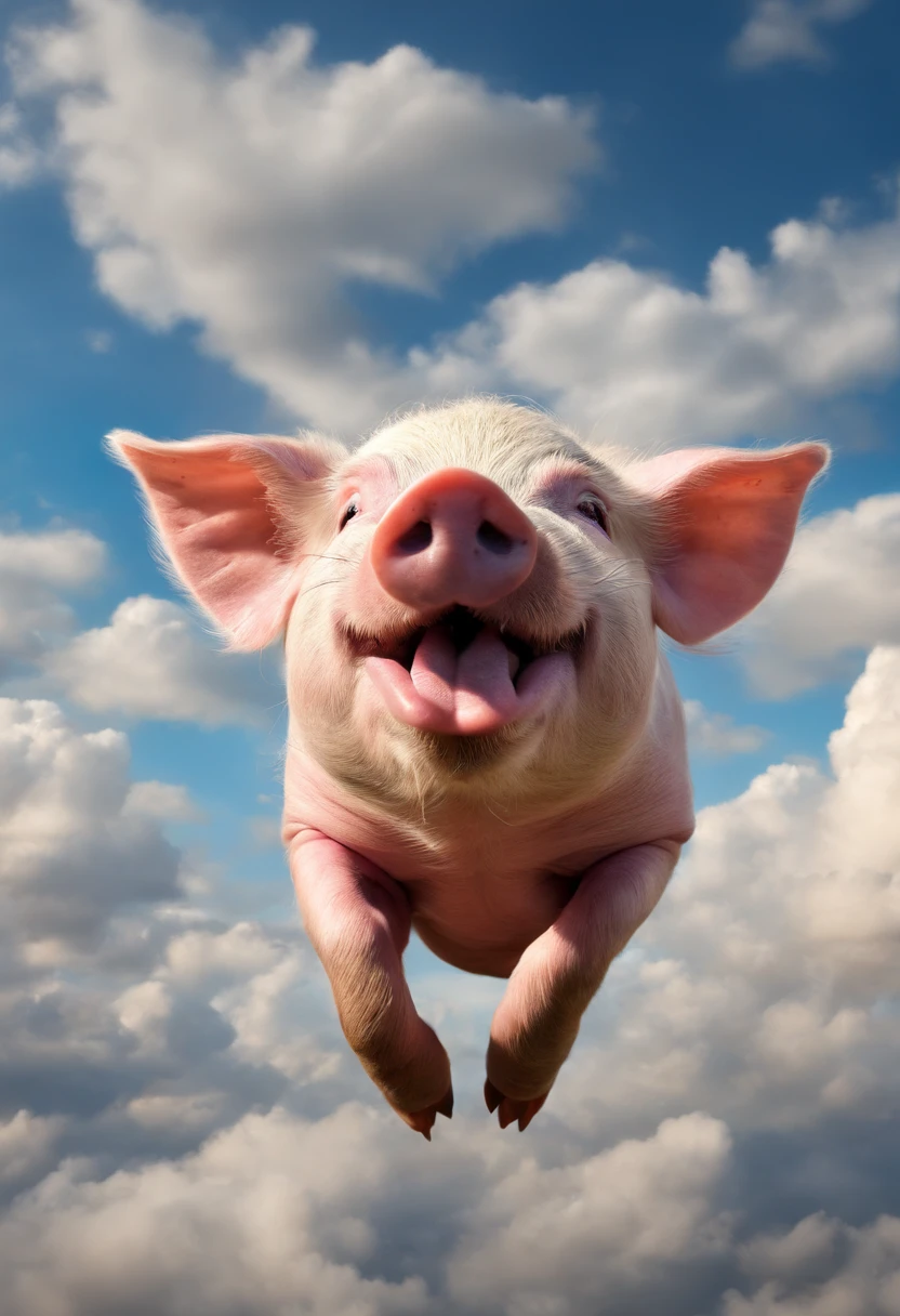 A pig flies in the sky,pigs ,clouds,Brilliant colors,Colorful,Wings,Young and energetic,Flying ham,Flying pigs ,Look up,Master composition