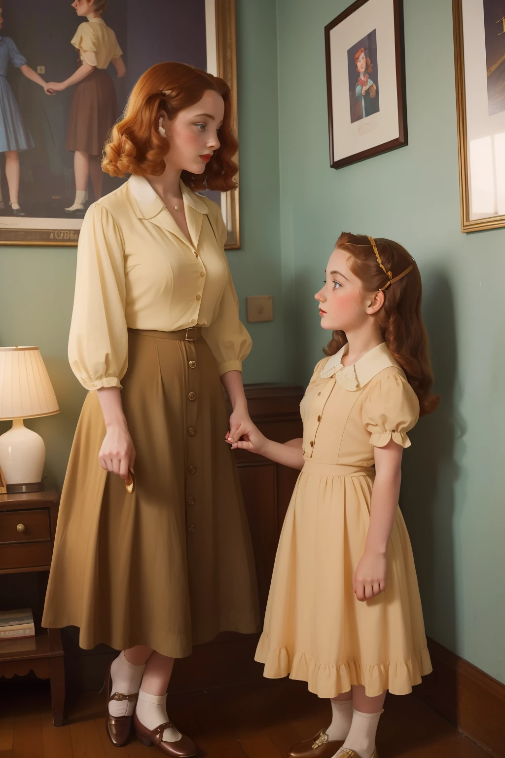 Year: 1946. Location: New York. pre-raphaelite frenchwoman with honey hair, and her 8-year-old daughter, ((nostalgia)) ((love and care)), ecclectic city appartment, ((1940s colorful modern summer clothes)) ((1940s hairstyle)) ((in the style of "OMITB")) ((cinematic style))