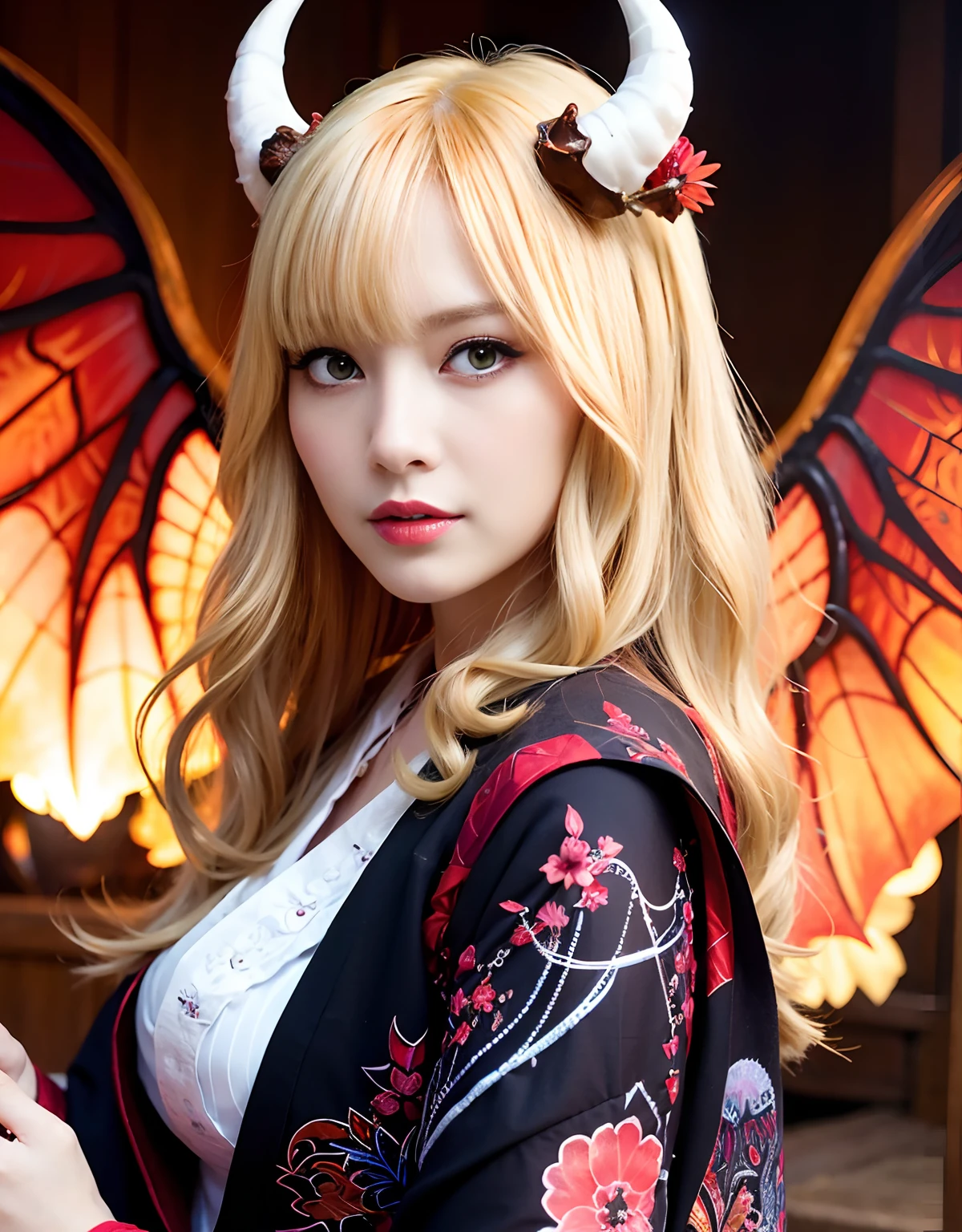 ((White ghost flies)),Professional , masterpiece、top-quality、photos realistic , depth of fields 、(Various poses)、(Background of cherry blossoms in full bloom),(Ultimate Beauty)、A dark-haired、(Fight ninjas)、(Kimono with scary pattern)、(Night background)、((Devil's Wings Grow)),(Wear a kimono with a horror pattern),(Wearing a beautiful kimono with colorful scary patterns)、Jewel Gold Weapon、Particles of light),(Has a devil's mask)、Gorgeous gold weapons ,Skeleton population、(( Gorgeous Dragon Sword)) , (a dark night),,(White ghost flying) 、((Black Haired Beautiful Girl))、(Castle background)、(demonic wings)、((Gangle's forest background))、Beautiful Caucasian beauty、1a person、dynamic ungle,(((Two devil's horns on the head)))、Smaller head、Idle Smile、Thin and beautiful female hands、Mystical expression、Light Effects、intense fighting、Wind-effect、magic circles、With the legendary magic wand、Dragon's tail、