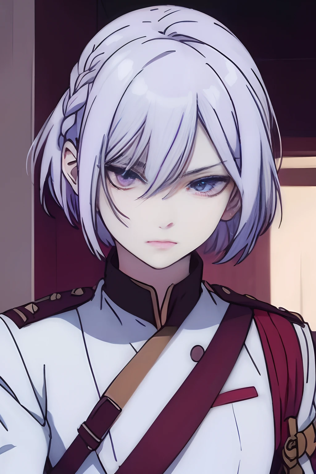 masterpiece, best quality, a-drei, 1boy, solo, bob_cut, short_hair, looking_at_viewer, lilac-gray_hair, braid_on_sideburn, hair_between_eyes, purple_eyes, sidelocks, white_military_uniform