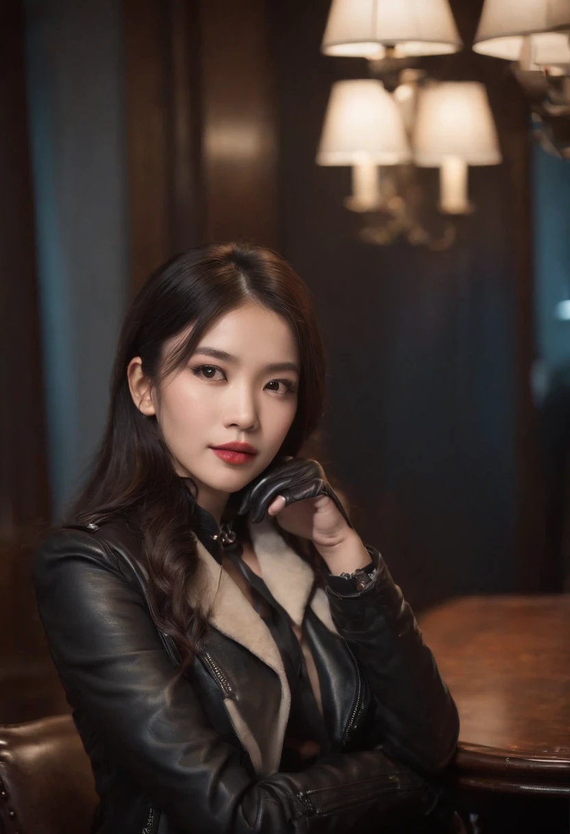 Upper body covered with black leather gloves up to the fingertips in both hands, black leather double riders jacket, slender necklace, young and cute Japanese girl with beautiful black hair, sitting on a black leather chair facing the desk in the president's room at night, sitting on a cheek stick