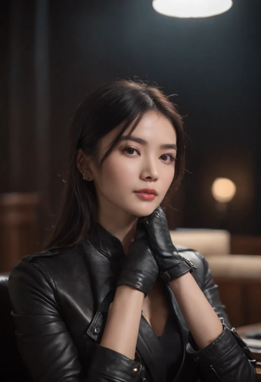 Upper body covered with black leather gloves up to the fingertips in both hands, black leather double riders jacket, slender necklace, young and cute Japanese girl with beautiful black hair, sitting on a black leather chair facing the desk in the president's room at night, sitting on a cheek stick