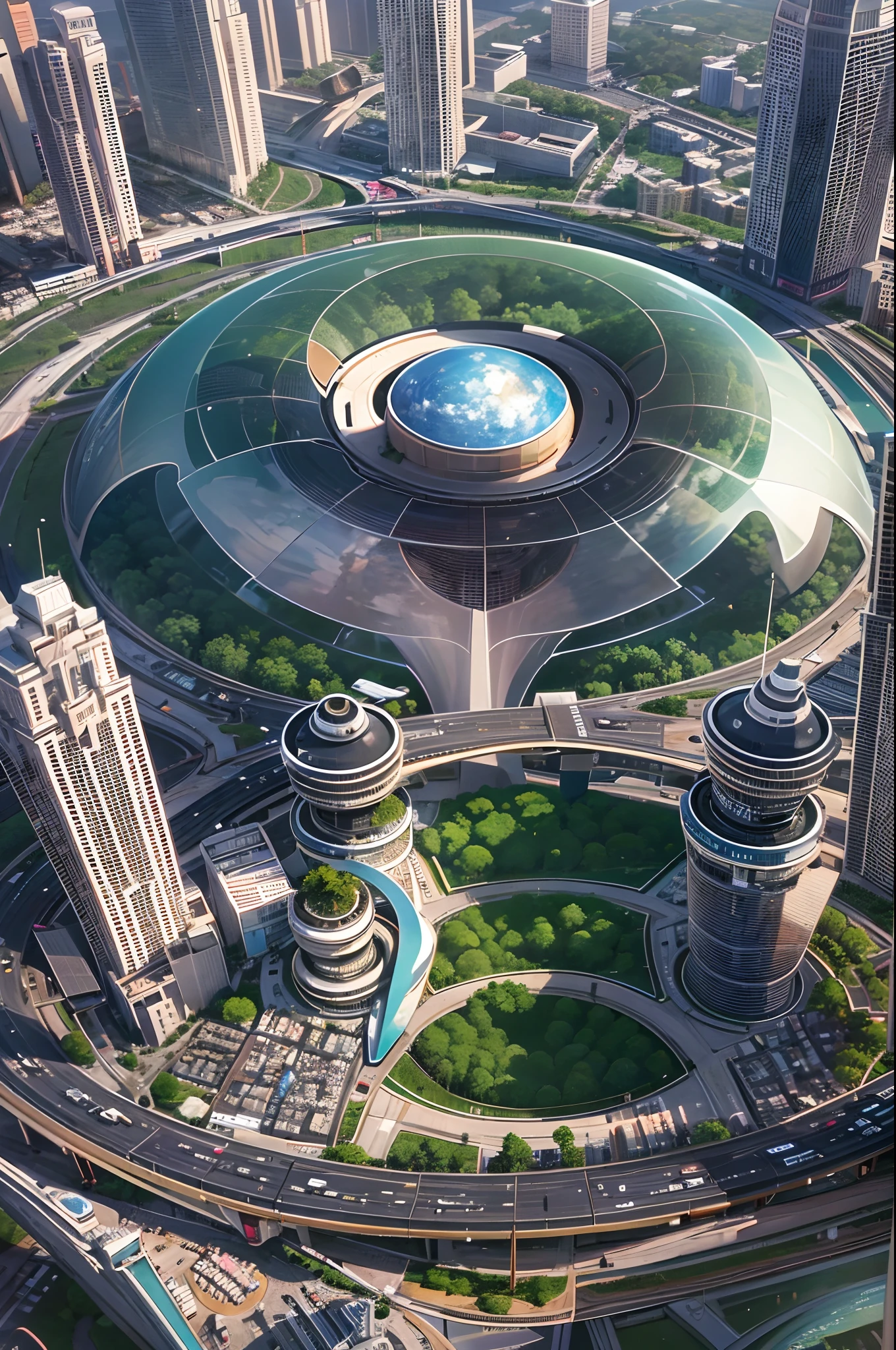 Ultra photo realsisim,Hyper-detailing,Ultra-wide-angle picture,24th century,sci fi city,and the sun was shining brightly,Tech City of the Future,Hanging ring construction,Suspended circular aircraft,Roads leading in all directions,highly detailed surreal vfx,Smudge,Faraway view,super-fine,ultra - detailed,high qulity,8K ,oc rendered,dynamic viewing angle
