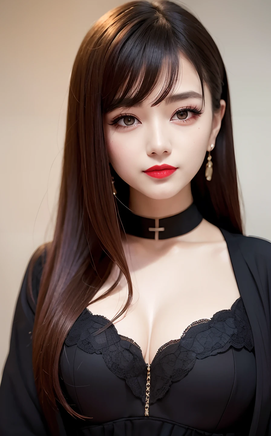 Best quality at best，超高分辨率，（真实感：1.4），（beuaty girl：1.4），（mediuml breasts：0.8），looking_at_viewer，Detailed facial details，Beautiful detailed eyes，Brown hair，blue colored eyes，slim，haunting smile，（Makeup：0.3），Redlip，Very meticulous clothes，（ulzzang-6500-v1.1：0.3）