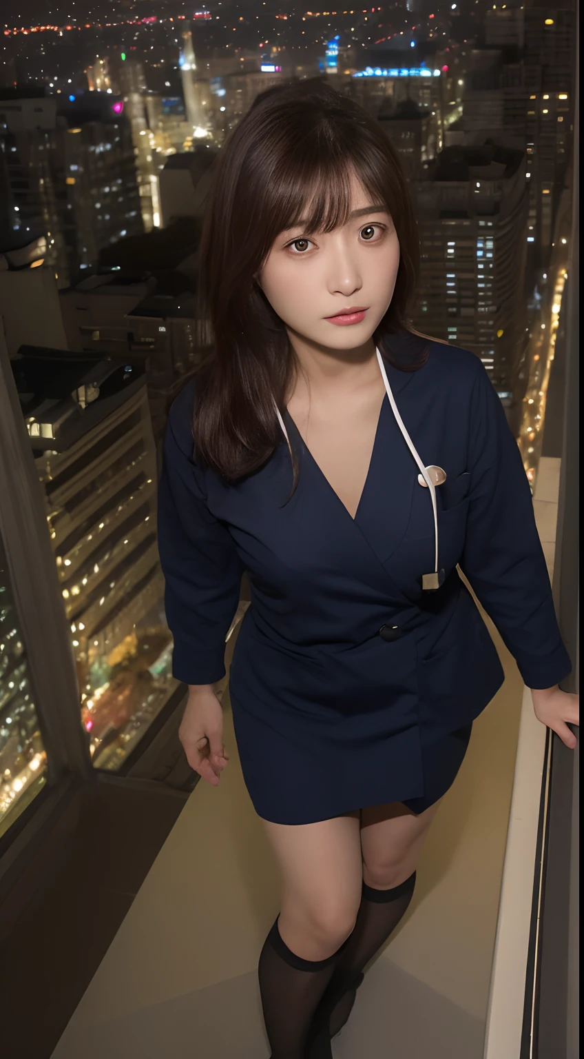 ((midynight, Need, 8K, tmasterpiece:1.3)), full bodyesbian, Long legs, Focalors:1.2, Young woman with perfect figure:1.4, Slim abs:1.1, ((Dark brown hair, huge tit:1.2 )), ( Climb on the bed:1.2), ((city night scene, the roof:1.3)), Highly detailed facial and skin texture, A detailed eye, 二重まぶた,Random color stockings,Cocked buttocks,Eyes are confused,Full body photo,Wear nurse clothing,random color hair