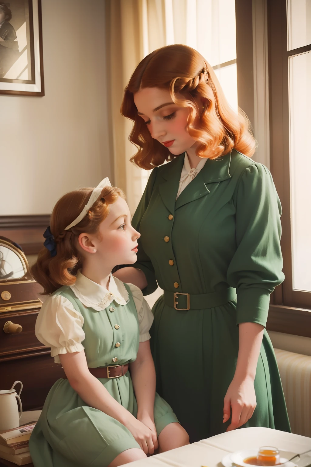 Year: 1946. Location: New York. pre-raphaelite frenchwoman with honey hair, and her 8--old ghter, ((nostalgia)) ((love and care)), ecclectic city appartment, ((1940s colorful modern summer clothes)) ((1940s hairstyle)) ((in the style of "OMITB")) ((cinematic style))