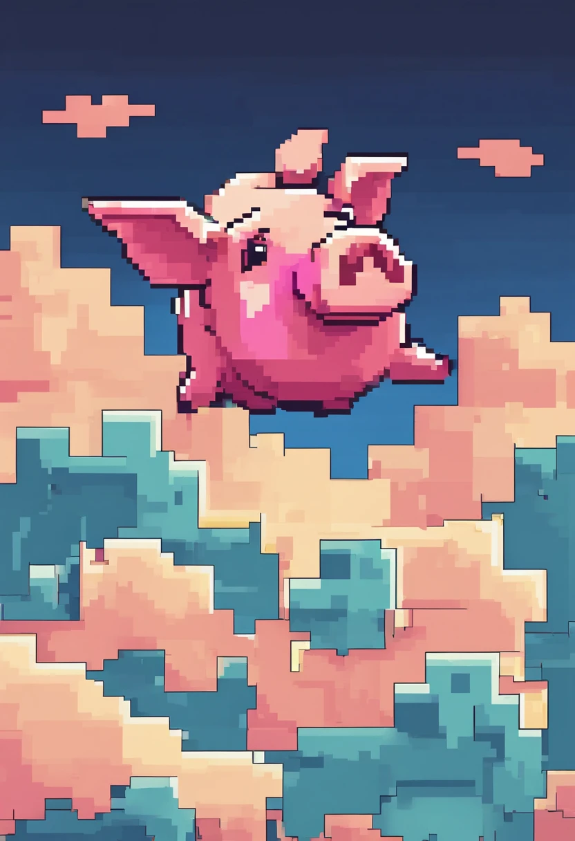 A pig flies in the sky,pigs ,​​clouds,Brilliant colors,Colorful,Wings,Young and energetic,Flying ham,Flying pigs ,Look up,Master composition