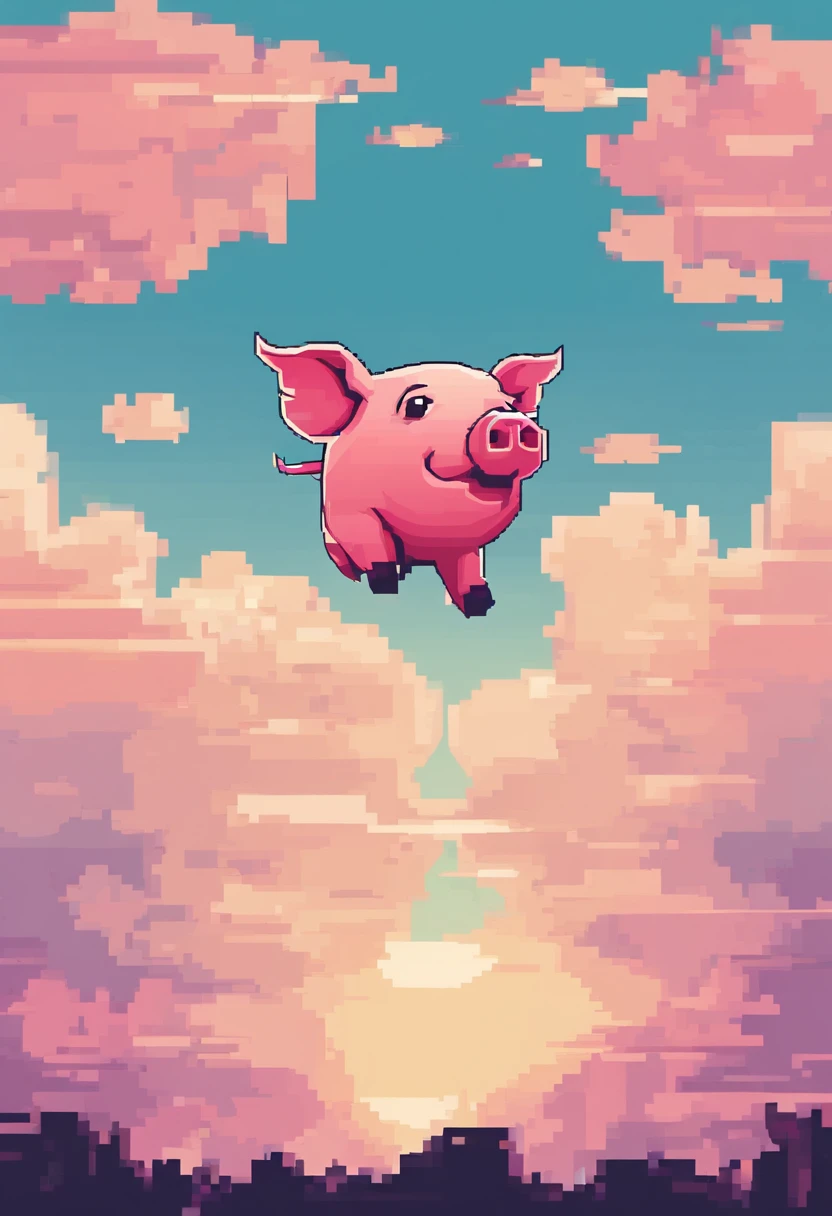 A pig flies in the sky,pigs ,clouds,Brilliant colors,Colorful,Wings,Young and energetic,Flying ham,Flying pigs ,Look up,Master composition