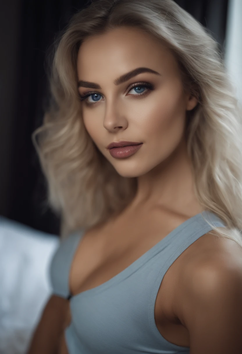 woman with matching tank top and panties, Sexy girl with blue eyes, portrait sophie mudd, portrait corinna kopf, blonde hair and large eyes, Selfie einer jungen Frau, Augen im Schlafzimmer, Violet Myers, ohne Make-up, Natural makeup, Blick direkt in die Kamera, Gesicht mit Artgram, dezentes Make-up, Stunning full body shot, im Schlafzimmer, Spaltung
