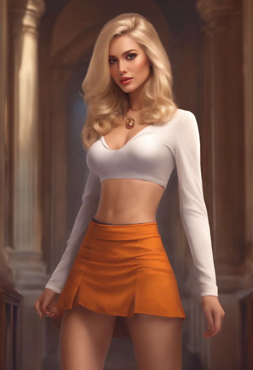 blonde hair brown eyes supermini skirt wearing hips visible in the middle with breasts removed