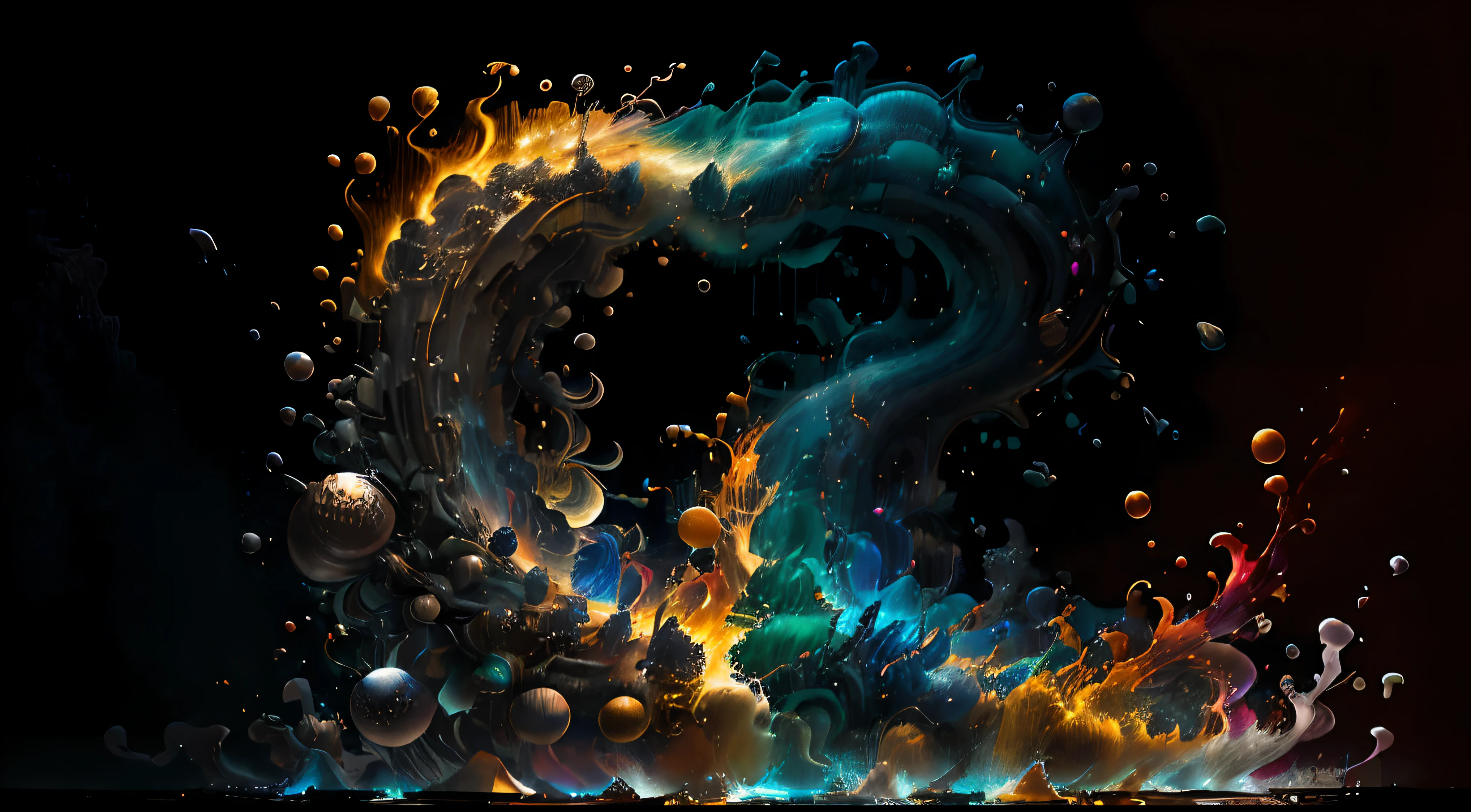 Obra de Arte abstracto en movimiento.Arte de Alberto Severo. Un primer plano de chorros y corrientes de metales preciosos fundidos que chocan entre si y forman , inmensas cantdades de gotas y chorros metalicos de oro, plata, cobre mercurio, que burbujean ,explotan ,remolinean y fluyen y ocupan todo el espacio, nubes de fluidos de colores metalicos dorados, plateados, cobrizos brillantes y tornasolados,burbujas tornasoladas, ,remolinos de gotas tornasoladas que giran y escapan.Crea una fascinante obra de arte abstracta con un enfoque en la fluidez y el movimiento. Utilice una paleta de colores rica y diversa, Blend tones seamlessly to evoke a sense of continuous movement, Background of psychedelic fuids in motion. Arte de los fluidos en movimiento