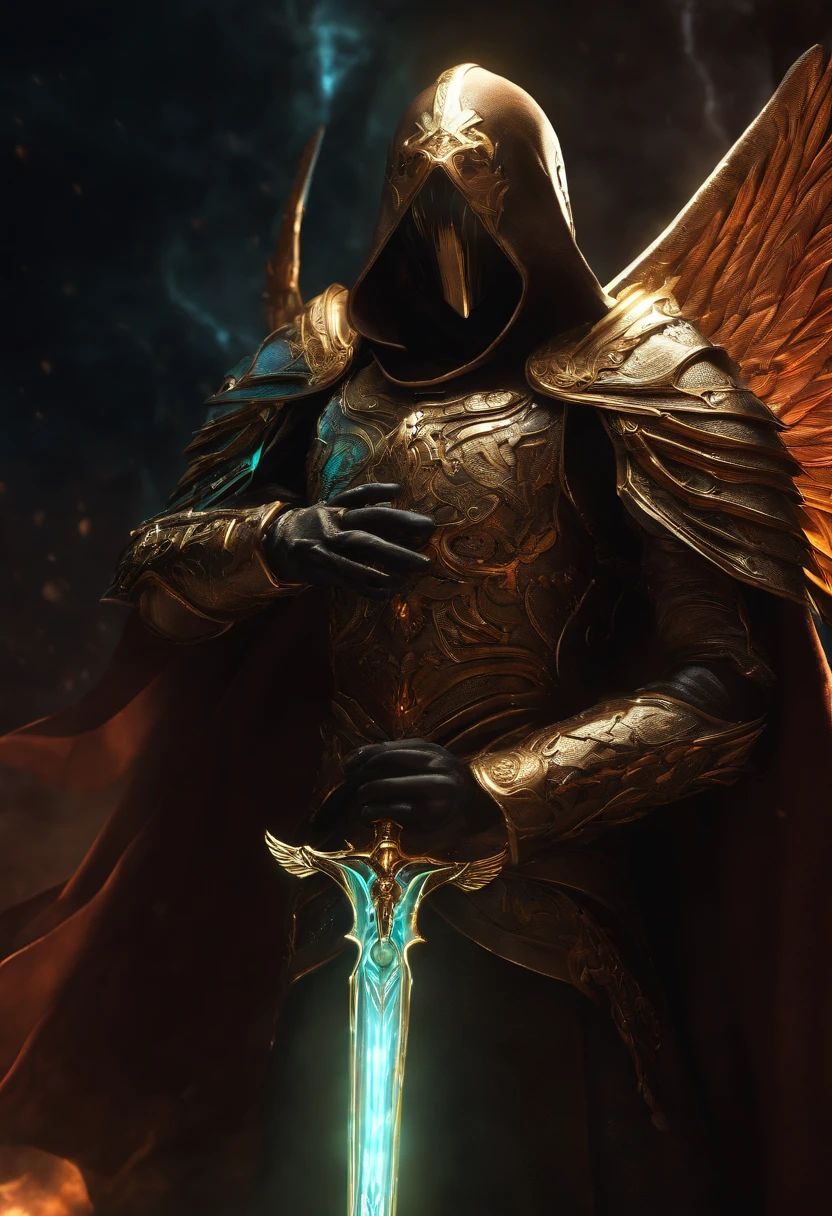 Cosmic Fallen Angel, Tyrael, Weapon holy swords in the hands, Glowing light eyes, biomechanical, eldritch, Creepy, nightmarish, Very bright colors, light particles, with luminous light, Wallpaper Art, UHD wallpaper,medieval garb