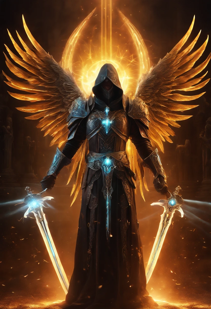 Cosmic Fallen Angel, Tyrael, Weapon holy swords in the hands, Glowing light eyes, biomechanical, eldritch, Creepy, nightmarish, Very bright colors, light particles, with luminous light, Wallpaper Art, UHD wallpaper,medieval garb