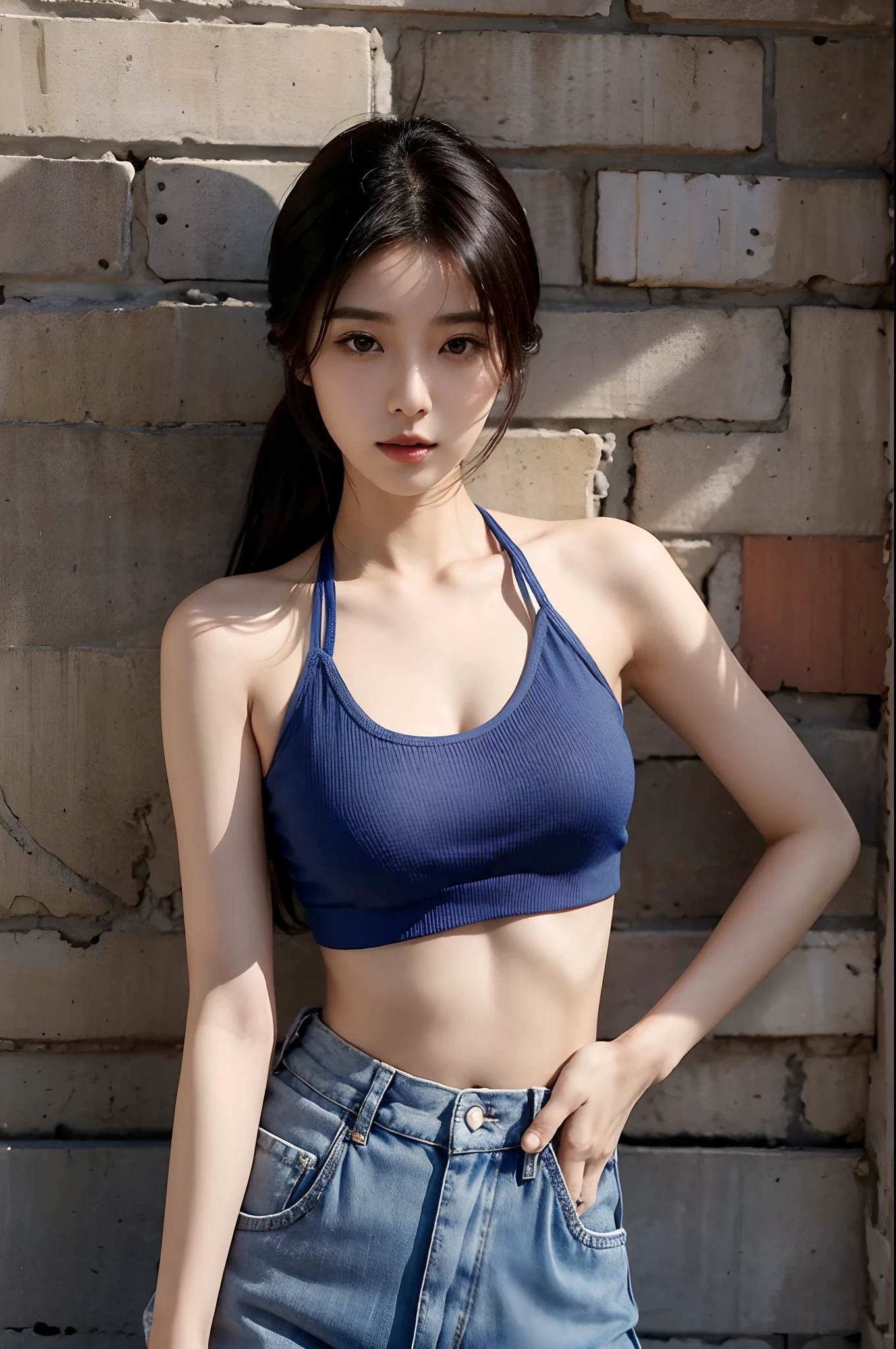 ((Realistic lighting, top quality, 8K, Masterpiece: 1.3)), Clear Focus: 1.2, 1 girl, Perfect figure: 1.4, Slim abs: 1.1, ((Dark Brown hair)), (White Crop Top: 1.4), (Outdoor, Night: 1.1), Street, Ultra Slender Face, Narrow Eyes, Double Eyelids, (((School Swimsuit))))