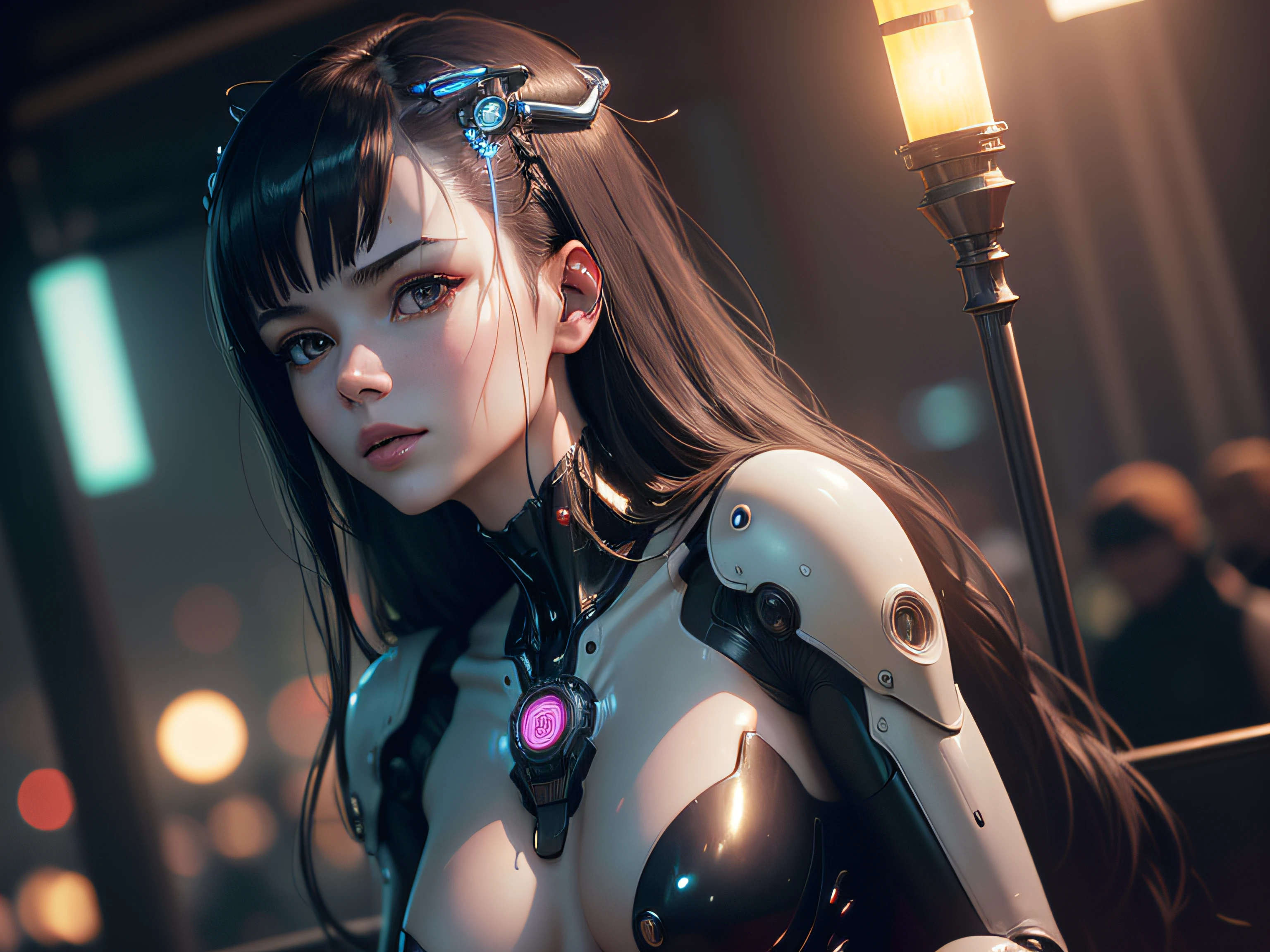 Top Quality, Masterpiece, Ultra High Resolution, ((Photorealistic: 1.4), Raw Photo, 1 cyberpunk android Girl, Glossy Skin, (Ultra Realistic Details)), mechanical limbs, tubes connected to the mechanical parts, mechanical vertebrae attached to the spine, mechanical cervical attachment to the neck, wires and cables connecting to the head, Evangelion, ((Ghost in the Shell)), small glowing LED lamps, global lighting, deep shadows, Octane Rendering, 8K, Ultra Sharp, Metal, glass, transparent
plastic, Intricate Ornament Details, baroque details, Very intricate details, realistic light, CGSoation trend, facing the camera, neon details, (android machinery in background), art by H.R. Giger and Alphonse Mucha.