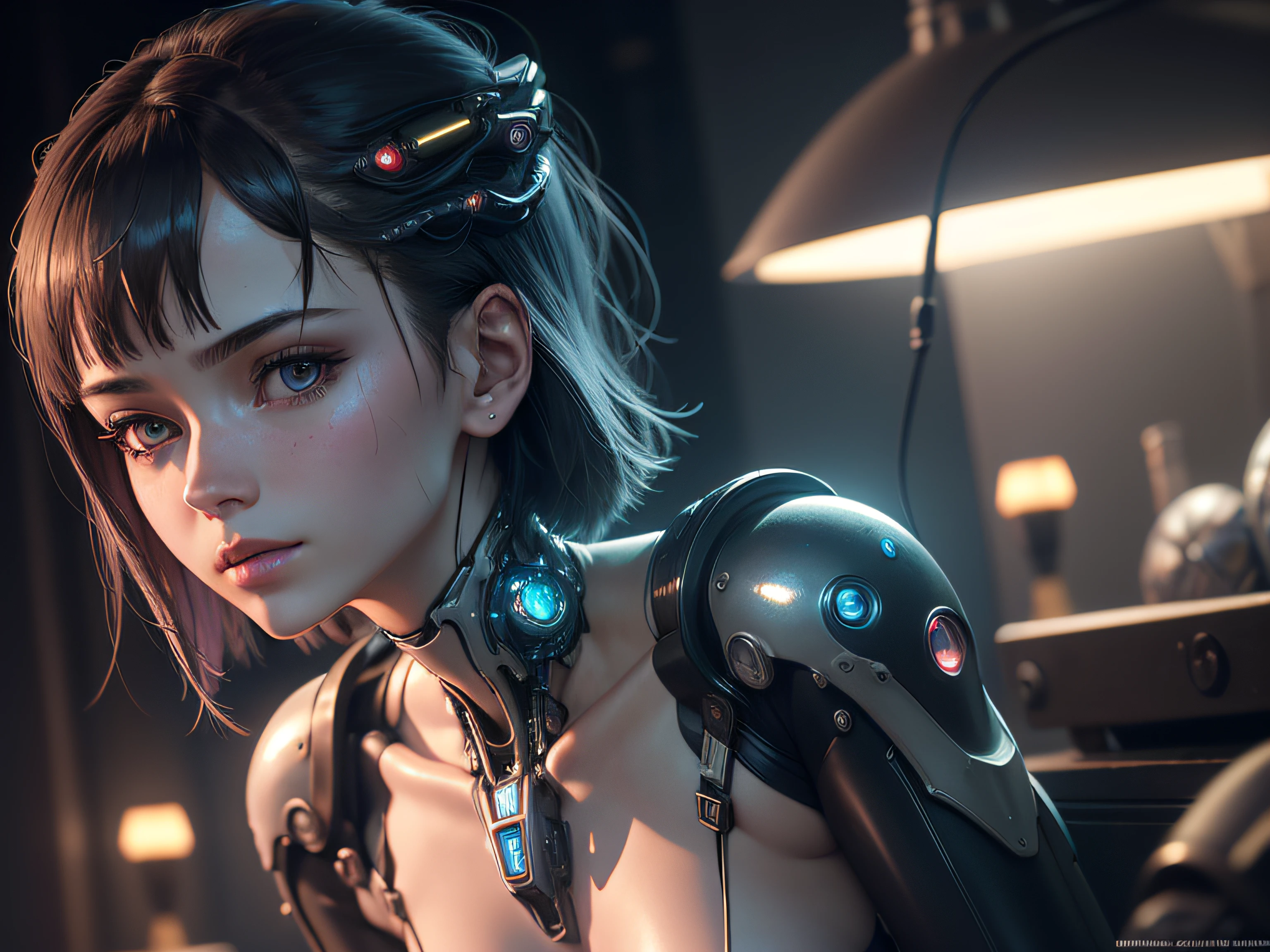 Top Quality, Masterpiece, Ultra High Resolution, ((Photorealistic: 1.4), Raw Photo, 1 cyberpunk android Girl, Glossy Skin, (Ultra Realistic Details)), mechanical limbs, tubes connected to the mechanical parts, mechanical vertebrae attached to the spine, mechanical cervical attachment to the neck, wires and cables connecting to the head, Evangelion, ((Ghost in the Shell)), small glowing LED lamps, global lighting, deep shadows, Octane Rendering, 8K, Ultra Sharp, Metal, glass, transparent
plastic, Intricate Ornament Details, baroque details, Very intricate details, realistic light, CGSoation trend, facing the camera, neon details, (android machinery in background), art by H.R. Giger and Alphonse Mucha.