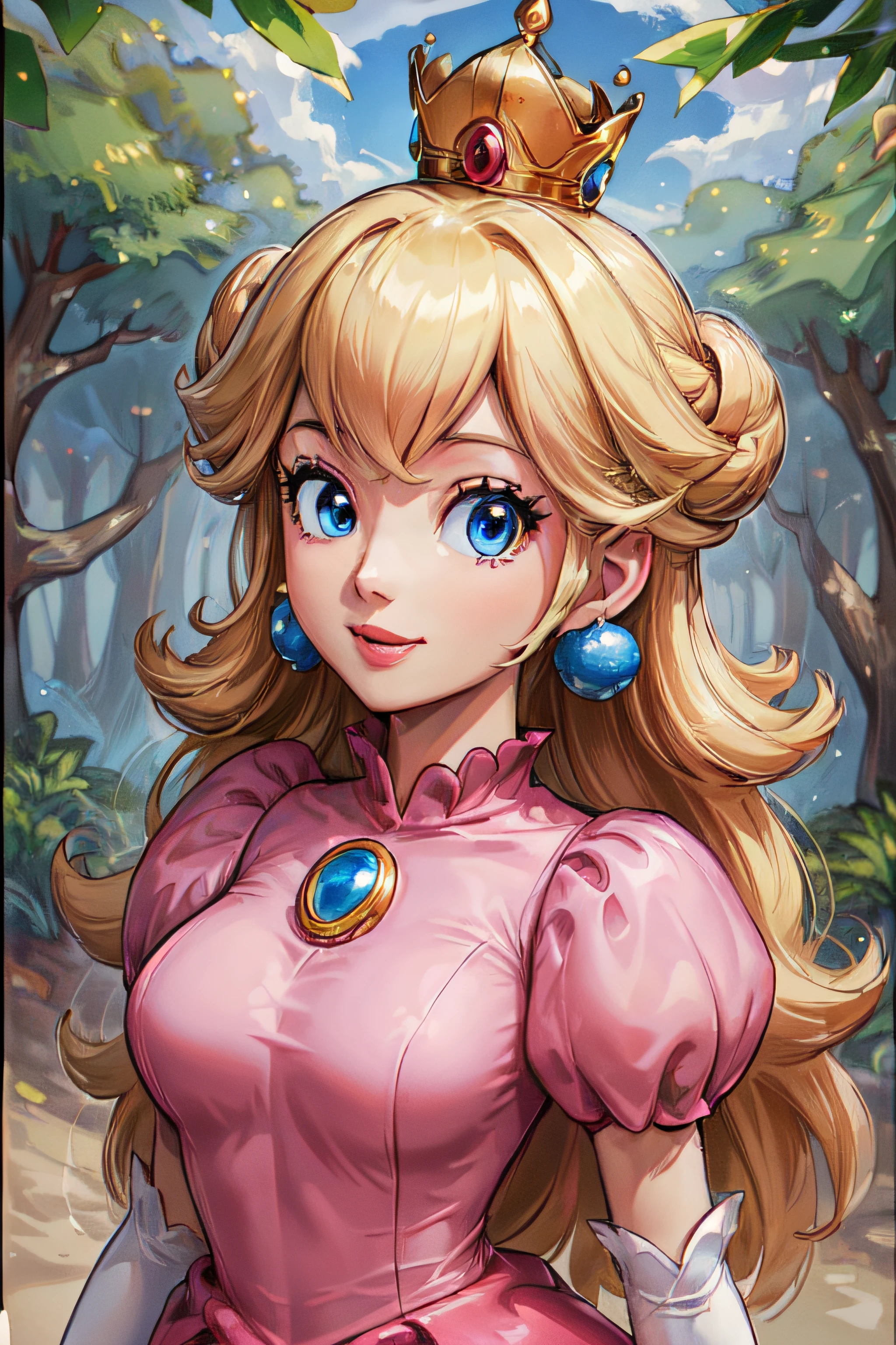 ((high detailed, best quality, 4k, masterpiece, hd:1.3)), pch, pink dress, chest fully covered, brooch, puffy sleeves, short sleeves, smile, lipstick, smooth skin, elbow gloves, earrings, crown, in mushroom forest, upper body, close-up,