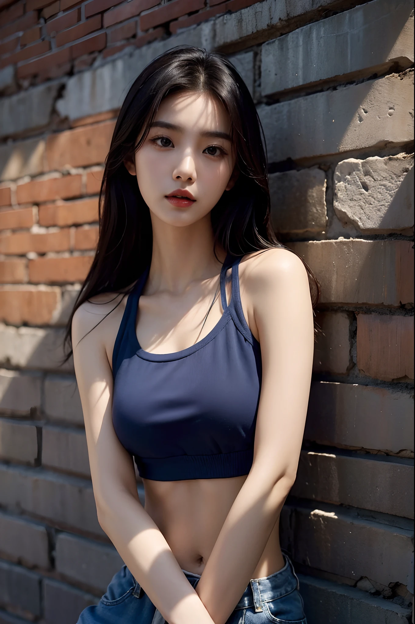 araffe asian woman in a blue top leaning against a brick wall, open v chest clothes, korean girl, gorgeous young korean woman, beautiful south korean woman, halter top, halter-top, wearing a sexy cropped top, beautiful young korean woman, beautiful asian girl, halter neck, sakimichan, japanese model, sexy girl, korean women's fashion model