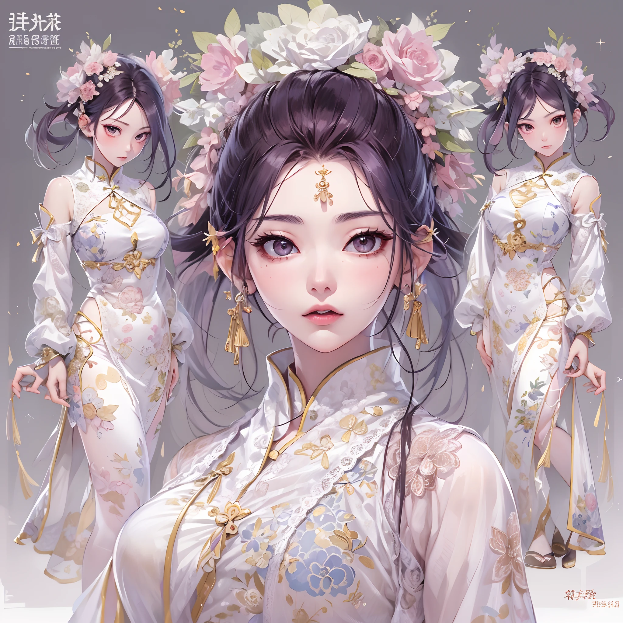 ((Masterpiece, Highest quality)), Detailed face, CharacterDesignSheet， full bodyesbian, Full of details, Multiple poses and expressions, Highly detailed, Depth, Many parts，white backgrounid，Beautiful Chinese girl，National style，estilo fantasia，Extremely beautiful，High Balance, Natural light, Lace，lacepantyhose，starrysky，Star decoration