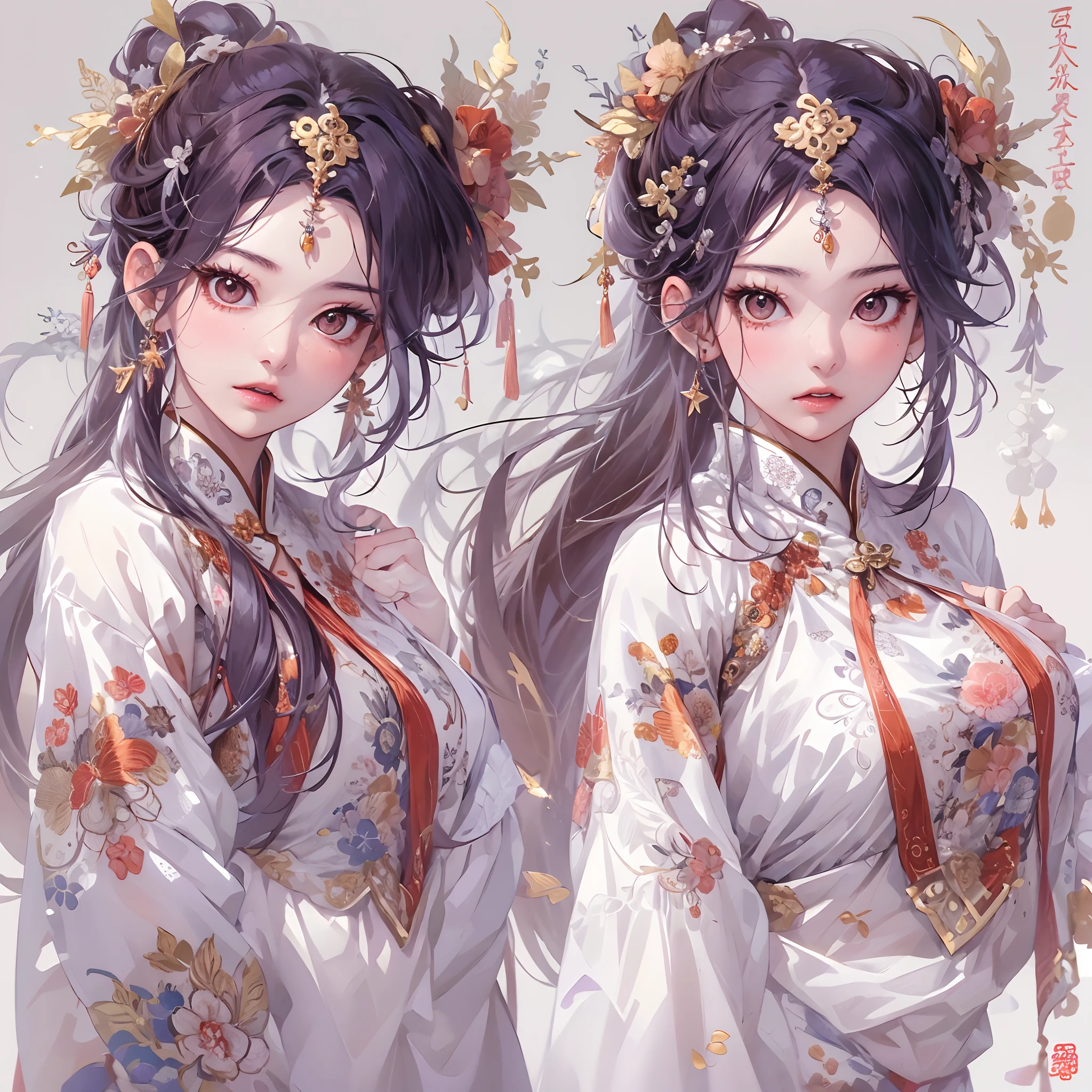 ((Masterpiece, Highest quality)), Detailed face, CharacterDesignSheet, full bodyesbian, Full of details, Multiple poses and expressions, Highly detailed, Depth, Many parts,white backgrounid,Beautiful Chinese girl,National style,estilo fantasia,Extremely beautiful,High Balance, Natural light, Lace,lacepantyhose,starrysky,Star decoration