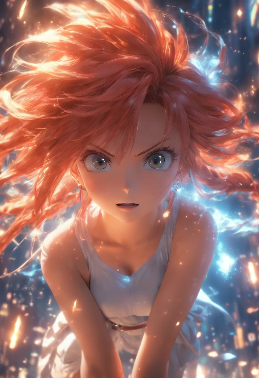 RAW photograph, best quality, masterpiece, an extremely delicate and beautiful, extremely detailed, CG, unity, 8k wallpaper, Amazing detailed, finely detailed, masterpiece, best quality, official art, extremely detailed CG unity 8k wallpaper, ultra-detailed, highres, extremely detailed, clear, focused, (best quality), (realistic, photo-realistic:1.6), 8k, soft lighting, high quality, cinematic lighting, 1girl, centered, full body, redhead, (sweat:1), perfect fingers, long hair